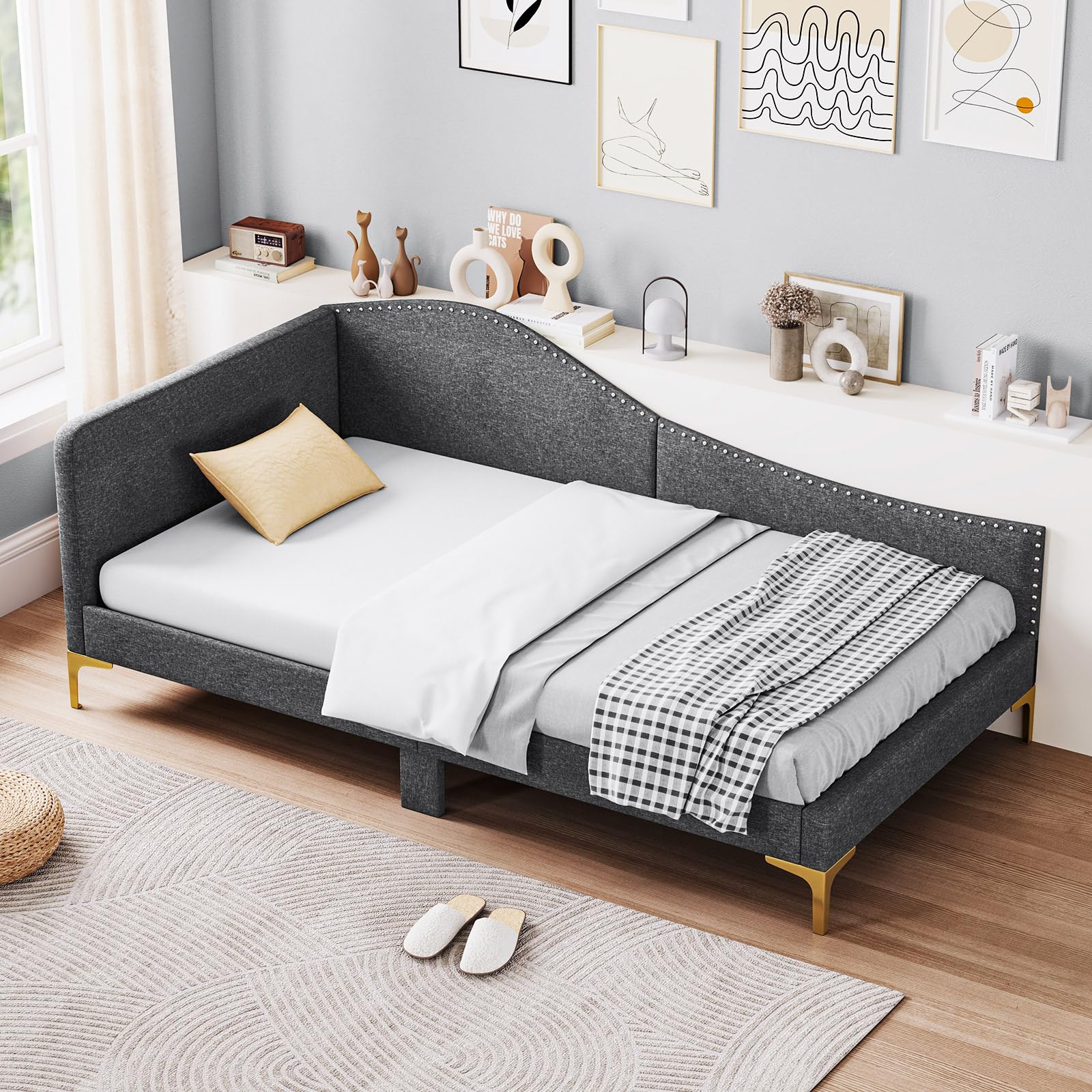 KOMFOTT Rivet-Tufted Platform Bed Frame with Headboard, Metal Legs & Wood Slats, L-Shaped Corner Sofa Bed