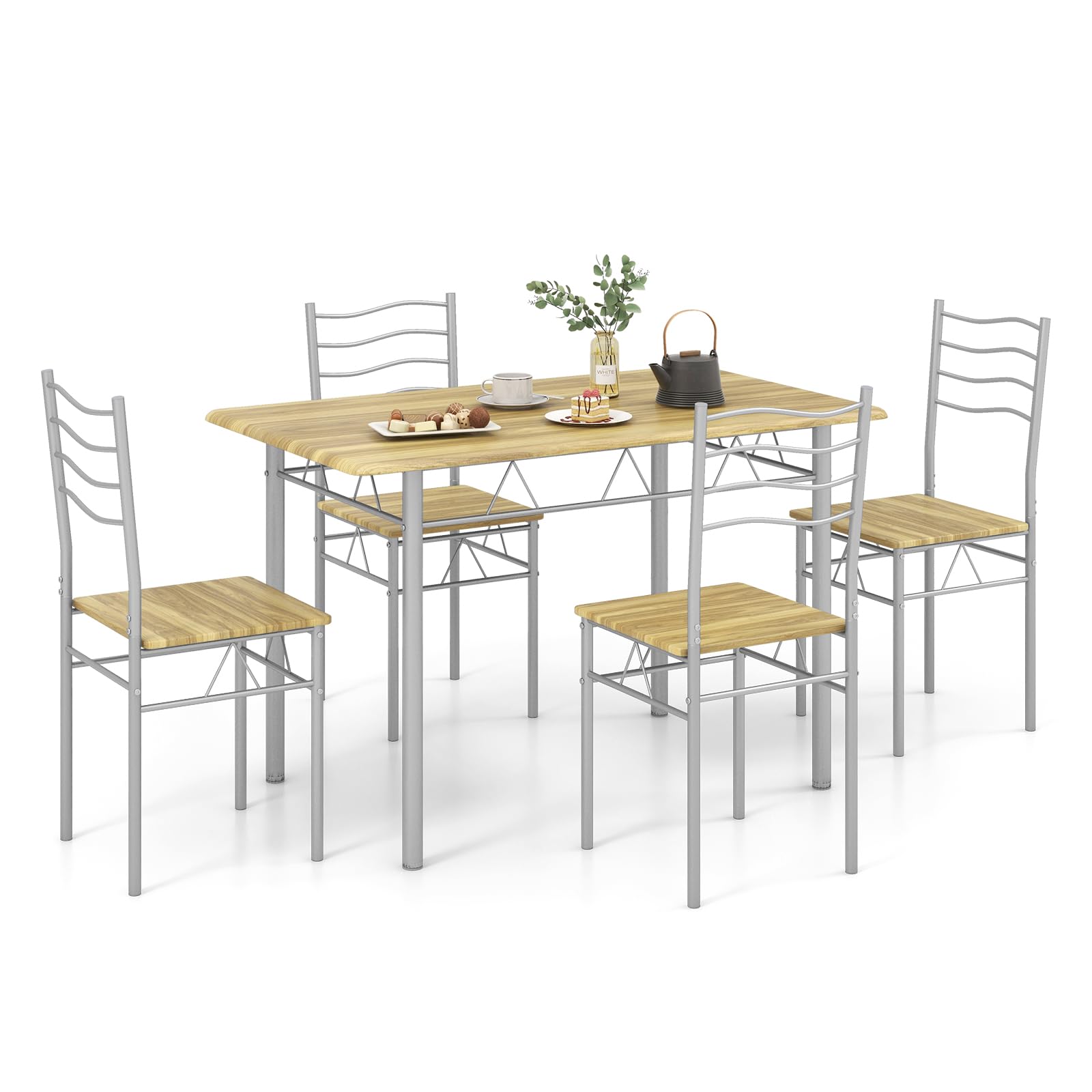 KOMFOTT 5 Piece Dining Table Set with 4 Chairs, Metal Frame Wood Like Tabletop Kitchen Furniture