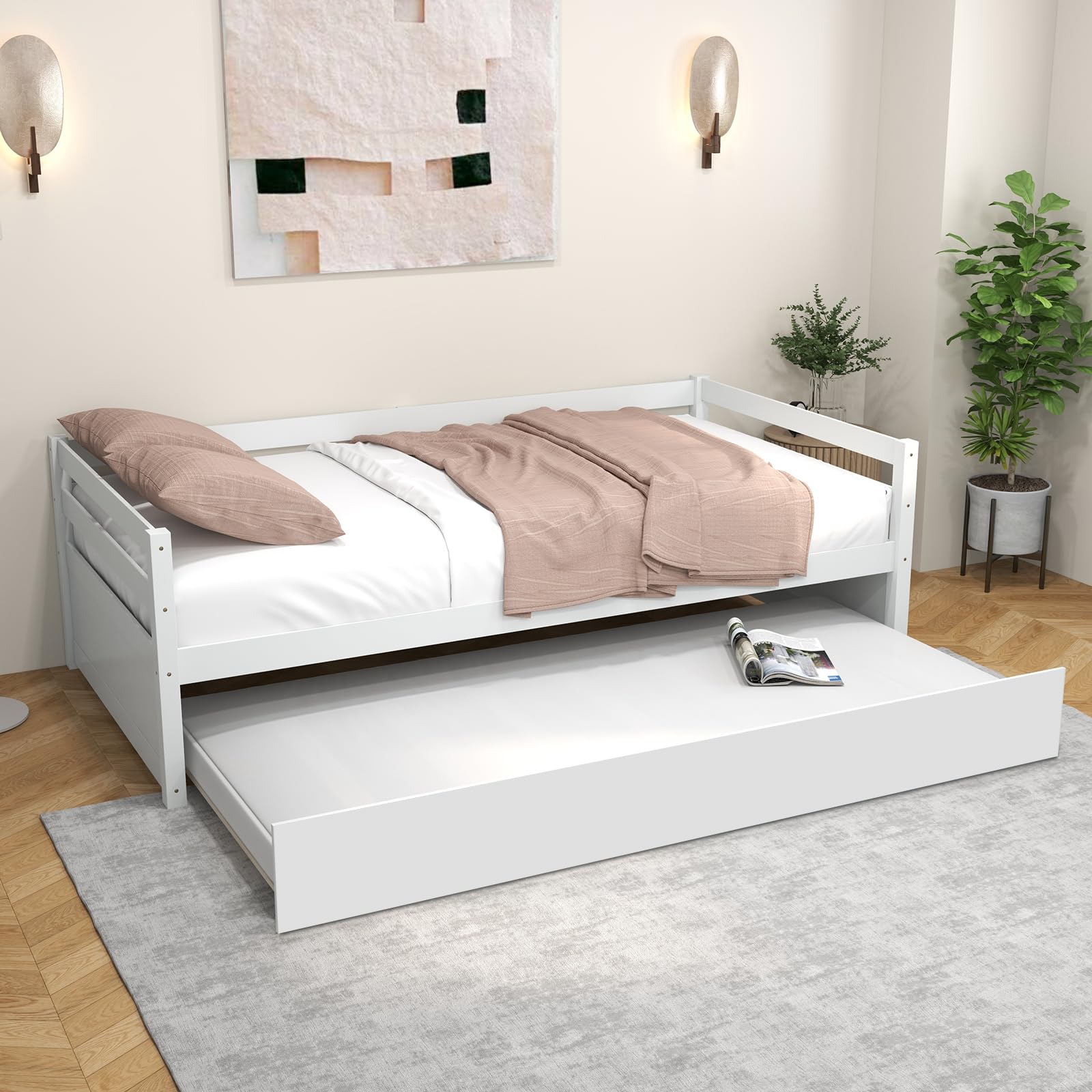 KOMFOTT Twin Daybed with Trundle, Wood Trundle Bed with Wood Slat Support