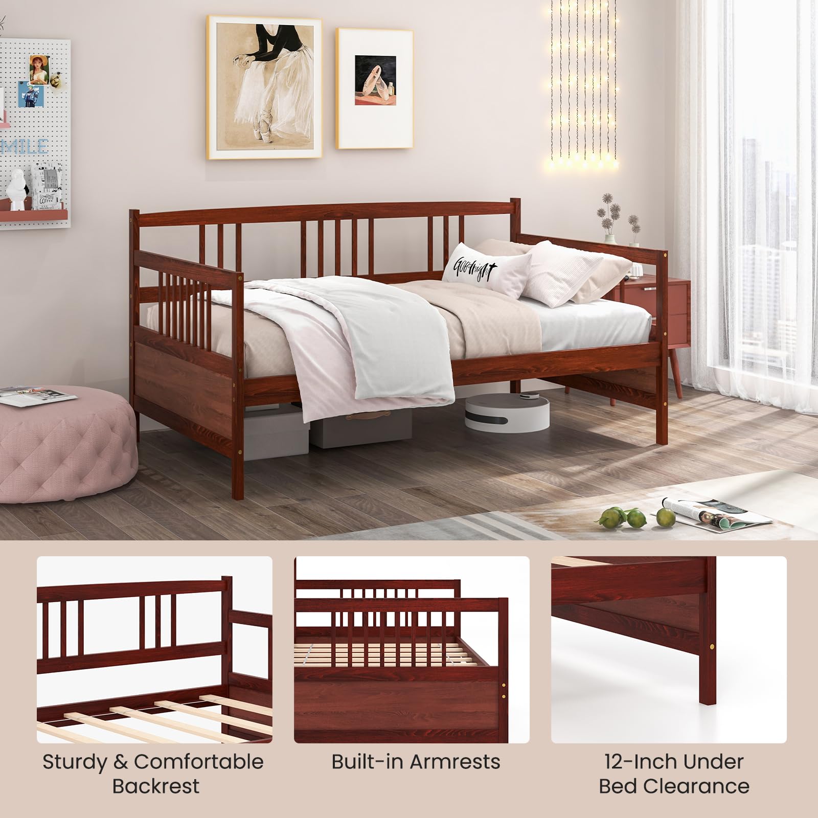 KOMFOTT Twin Size Wood Daybed with Rails & Wood Slat Support