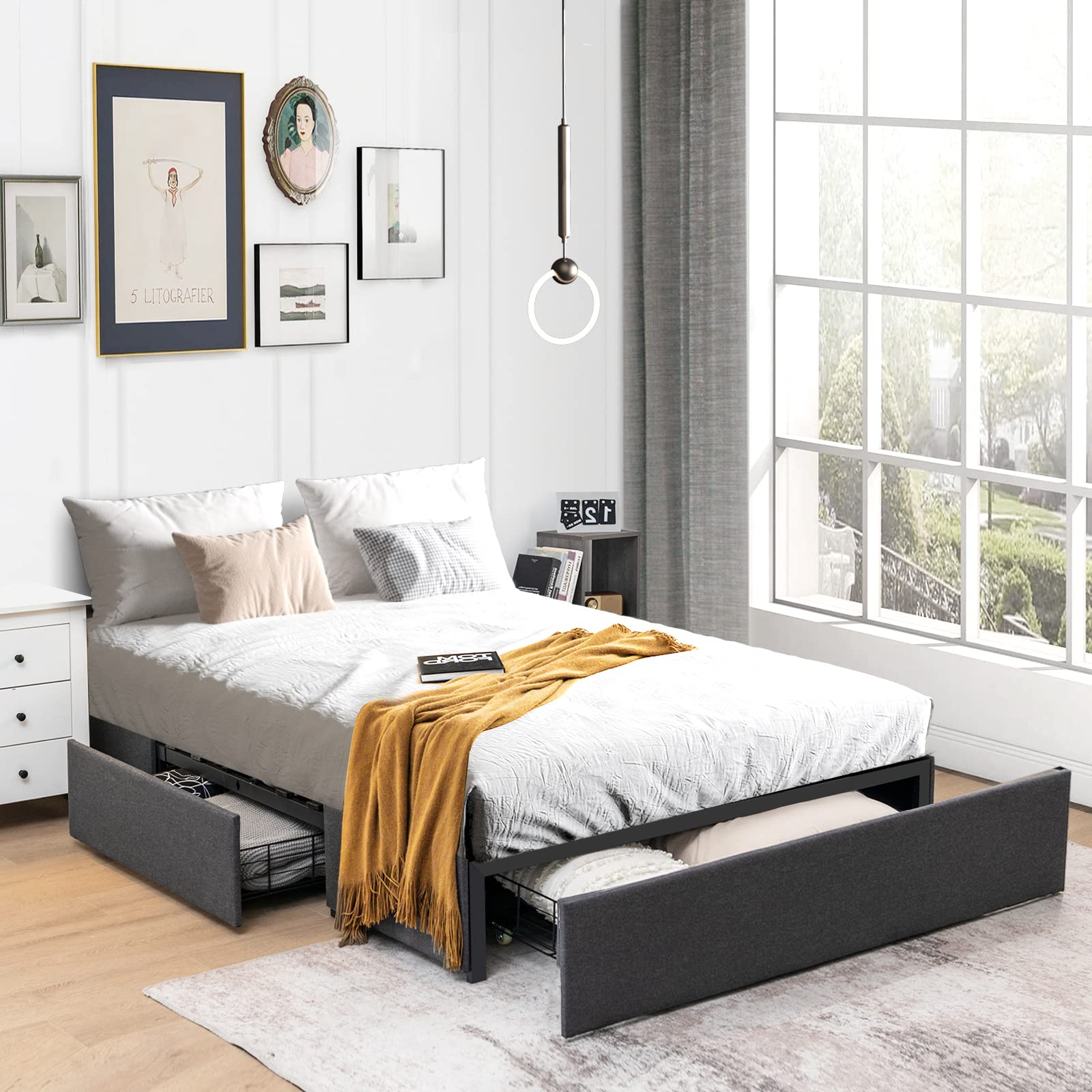 KOMFOTT  Full Size Bed Frame with 3 Drawers, Fabric Upholstered Platform Bed