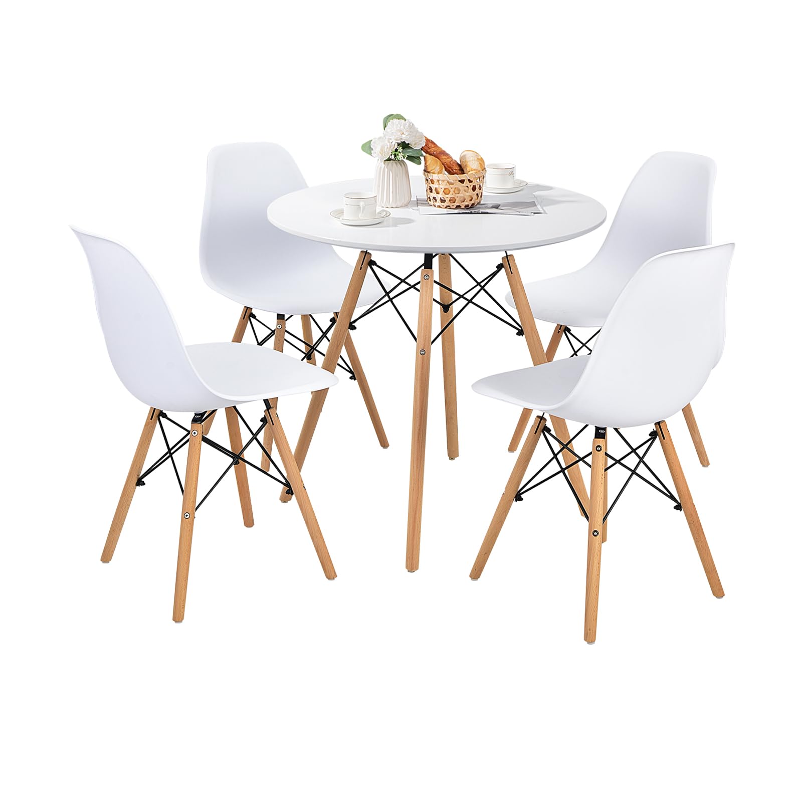 KOMFOTT Round Dining Table Set for 4, Modern 31.5" D Dining Table & 4 Dining Chairs with Solid Wood Legs