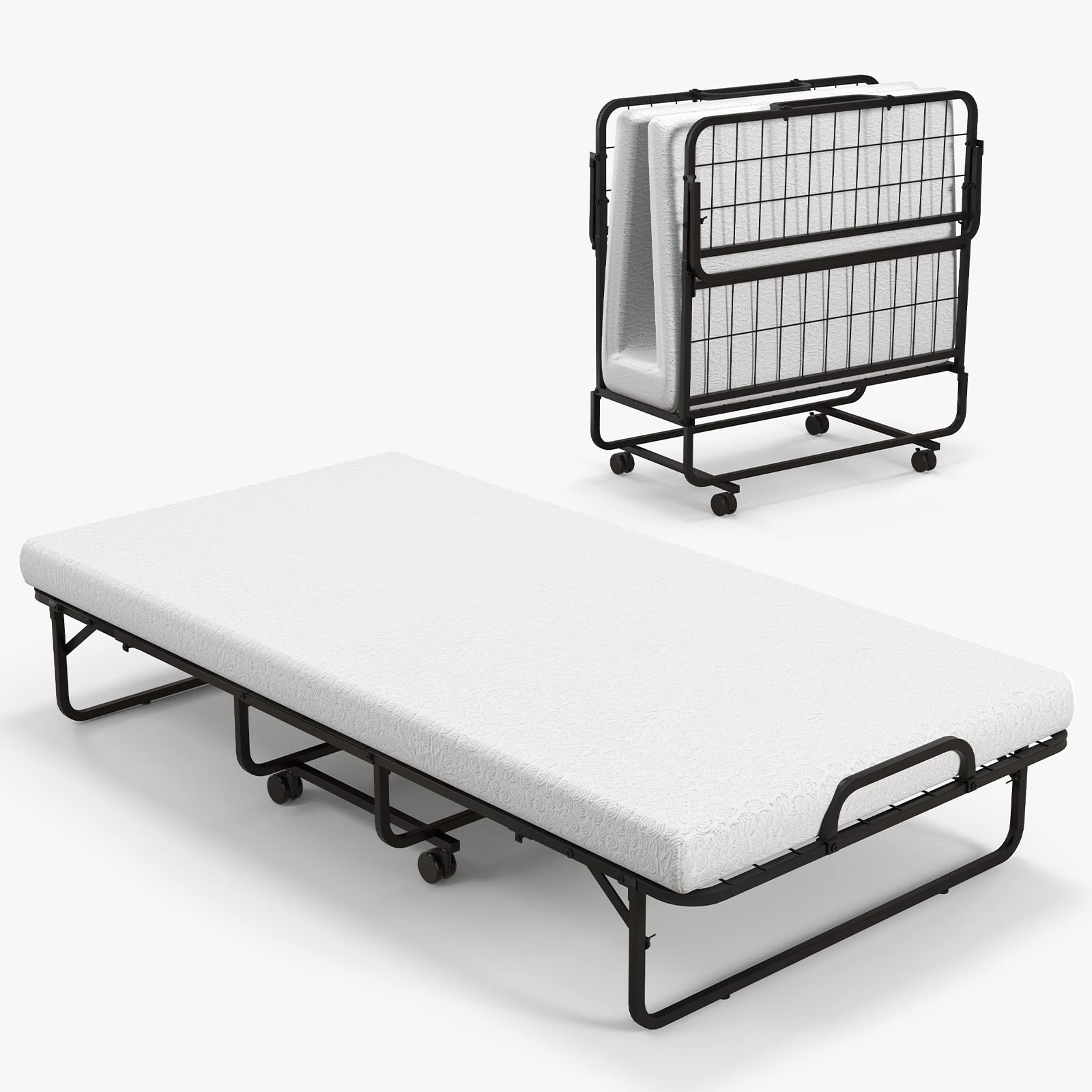 KOMFOTT Folding Rollaway Bed with 4" Mattress, Portable Bed with Rolling Casters