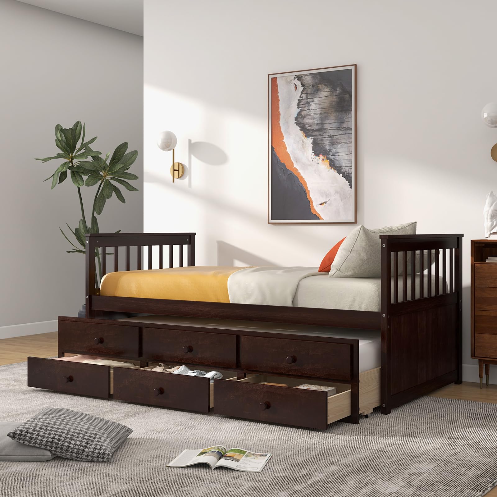 KOMFOTT Twin Size Wooden Captain Daybed with Drawers and Trundle Bed