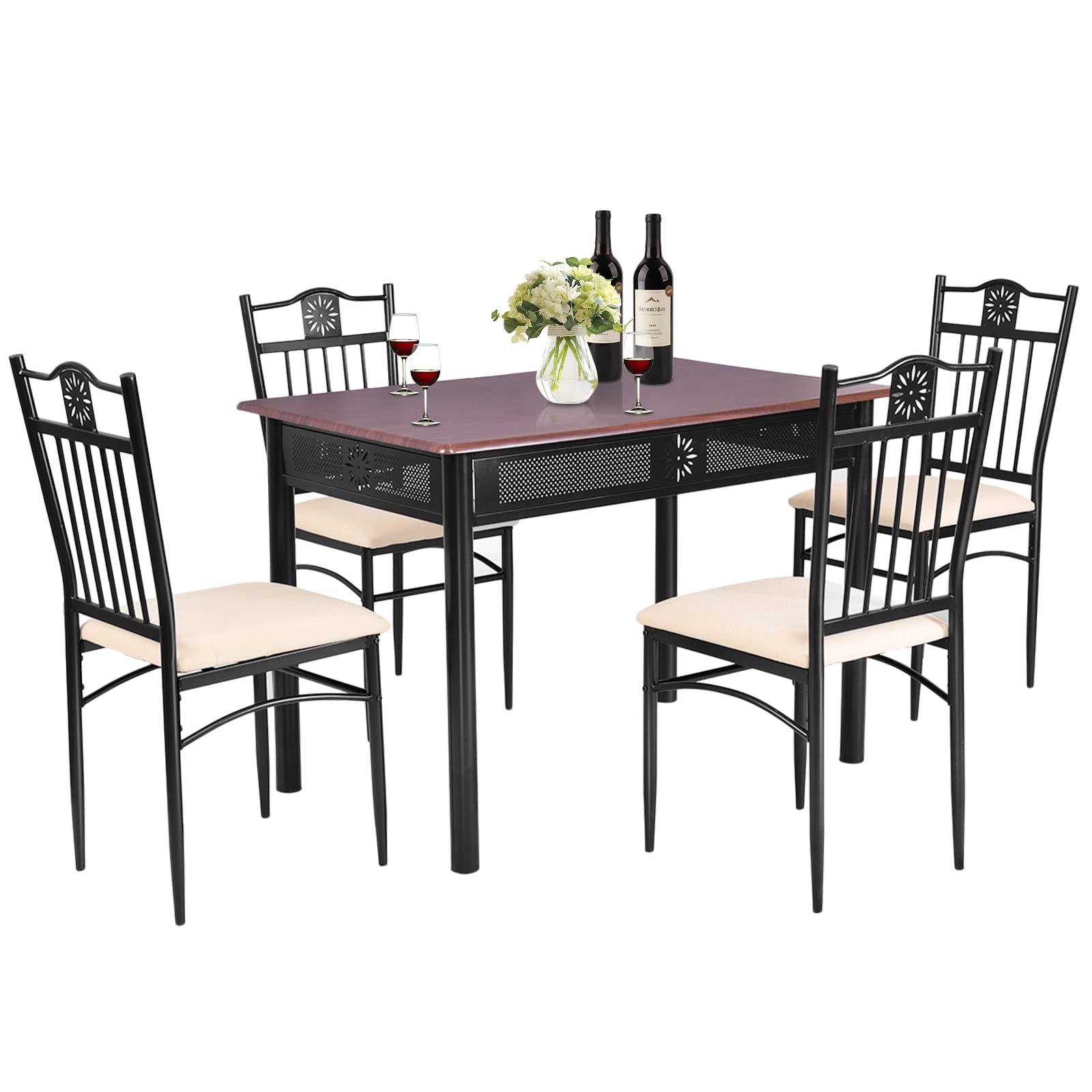 KOMFOTT 5 Piece Dining Table and Chairs Set, Vintage Retro Wood Top Metal Frame Padded Seat