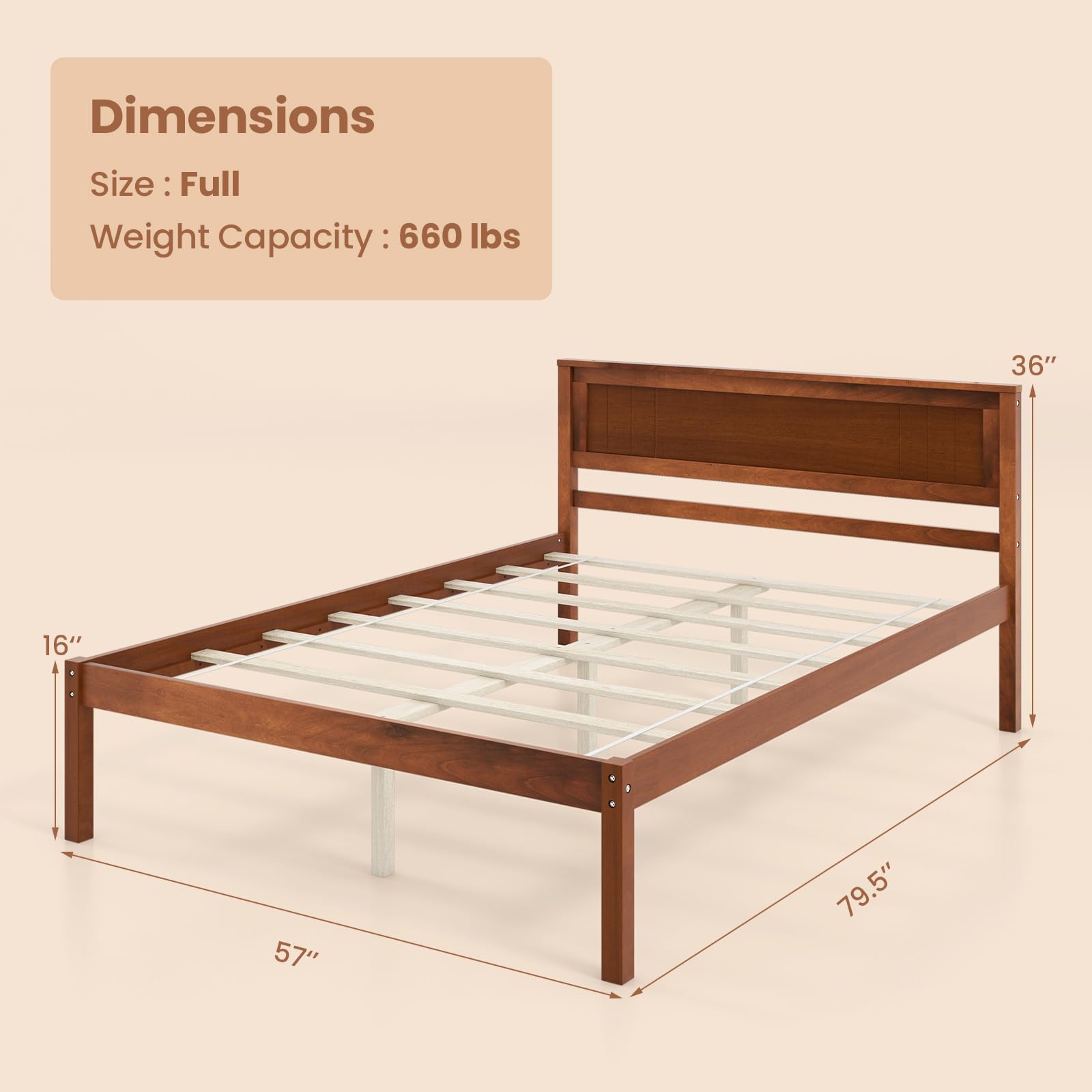 KOMFOTT Wooden Platform Bed Frame with Headboard & Wood Slat Support