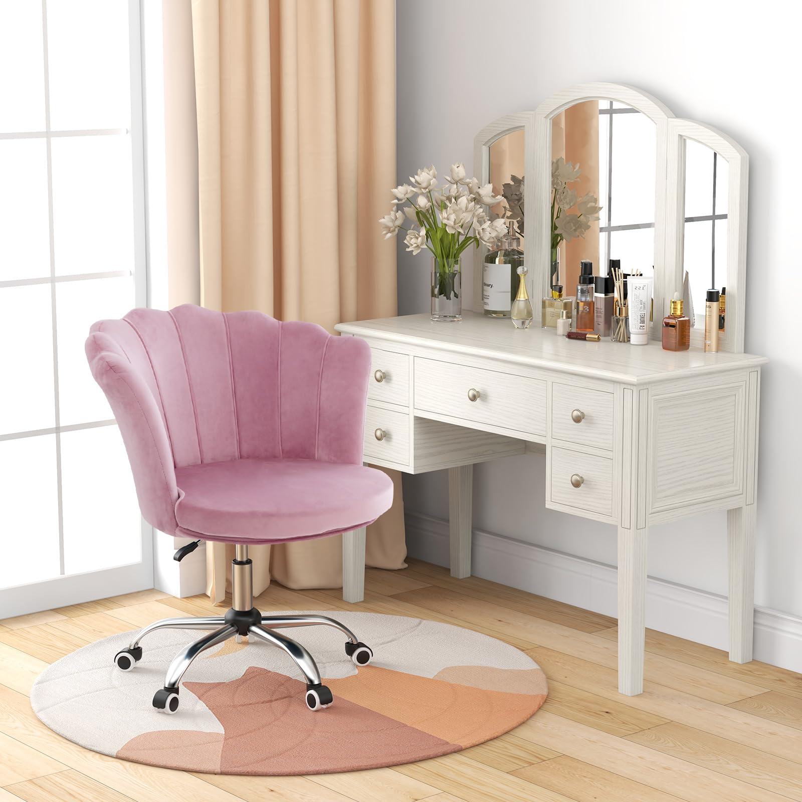 KOMFOTT Velvet Office Desk Chair Pink, Modern Vanity Chair with Seashell Back