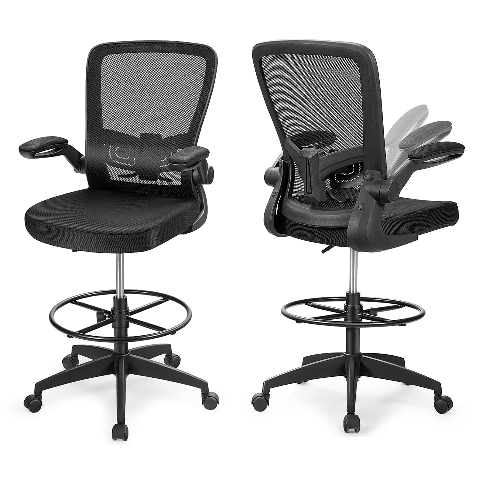 KOMFOTT Drafting Chair, High Back Office Chair with Footrest & Ring Flip-Up Armrest