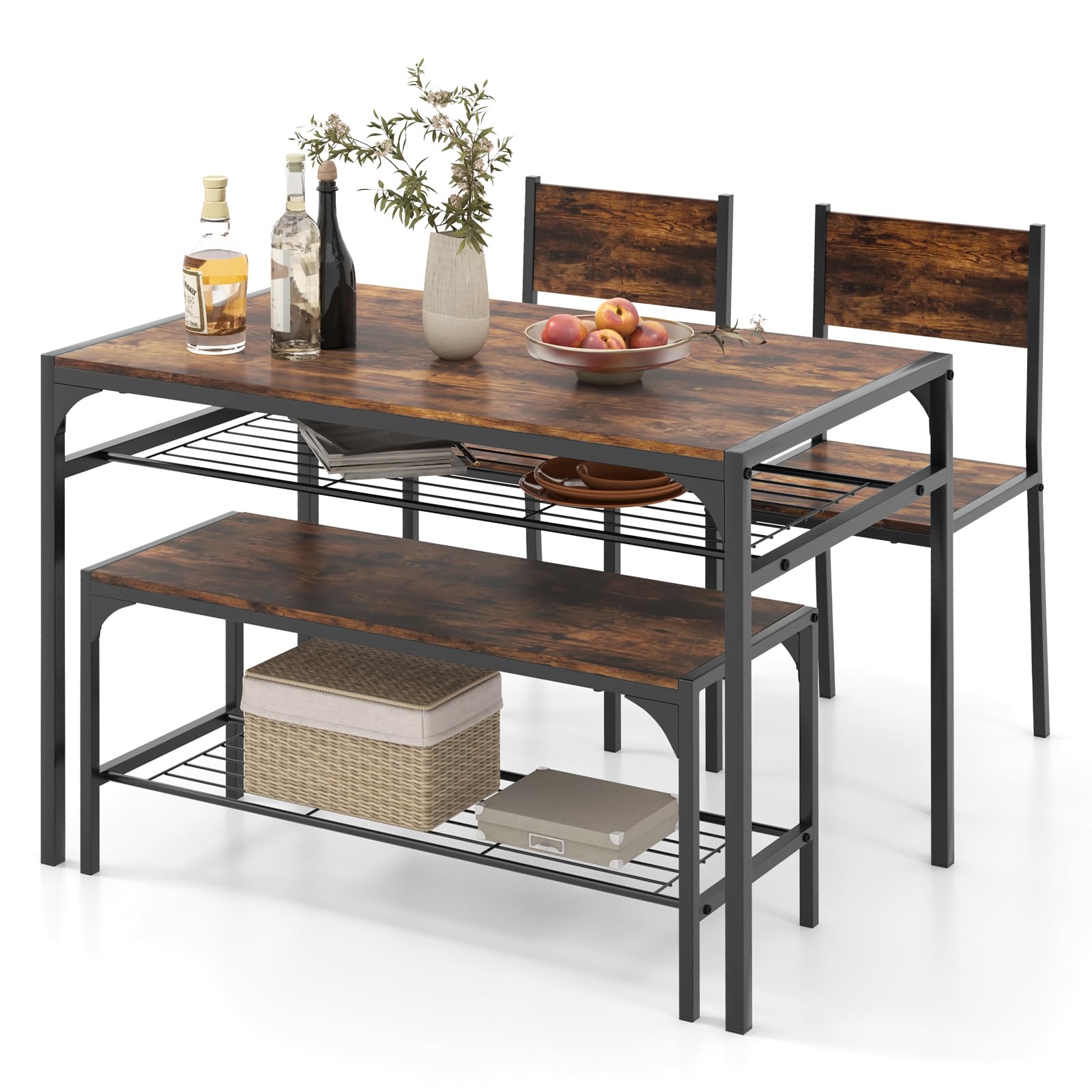 KOMFOTT 4 Pieces Dining Table Set, Kitchen Table and 2 Chairs for 4 with Bench, Storage Racks