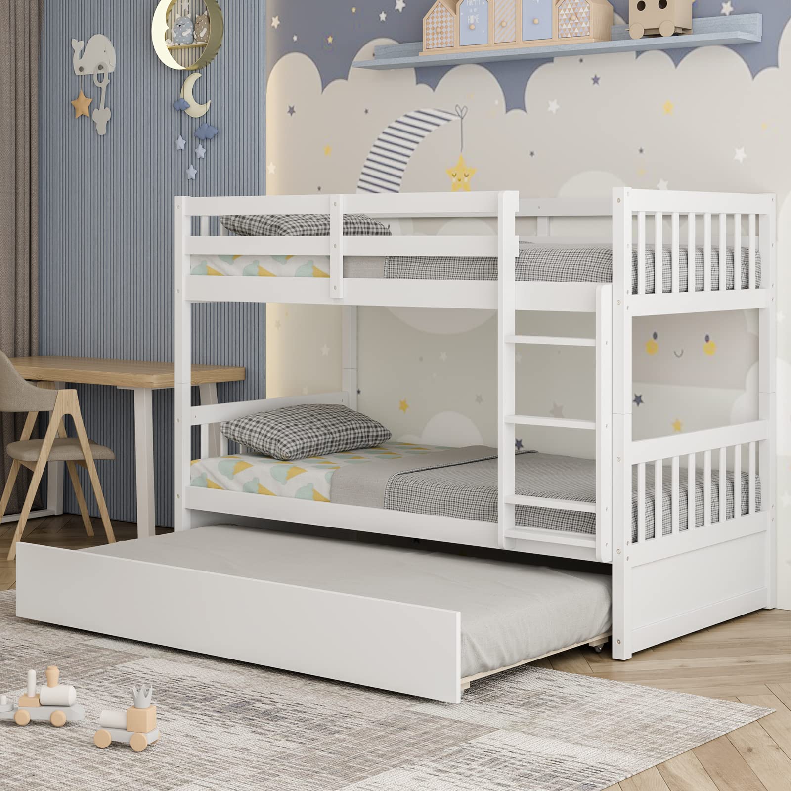 KOMFOTT Twin Over Twin Wood Bunk Bed with Trundle, Convertible Platform Bed Frame with Ladder & Solid Wood Frame