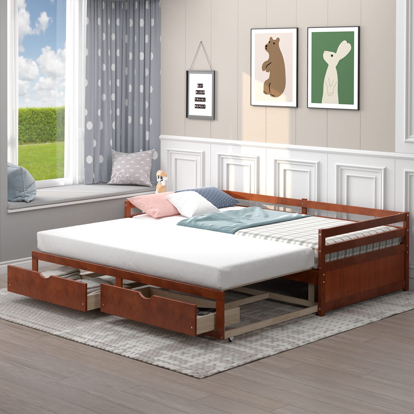 KOMFOTT Wood Daybed with Trundle, Extendable Twin to King Daybed Frame with 2 Storage Drawers