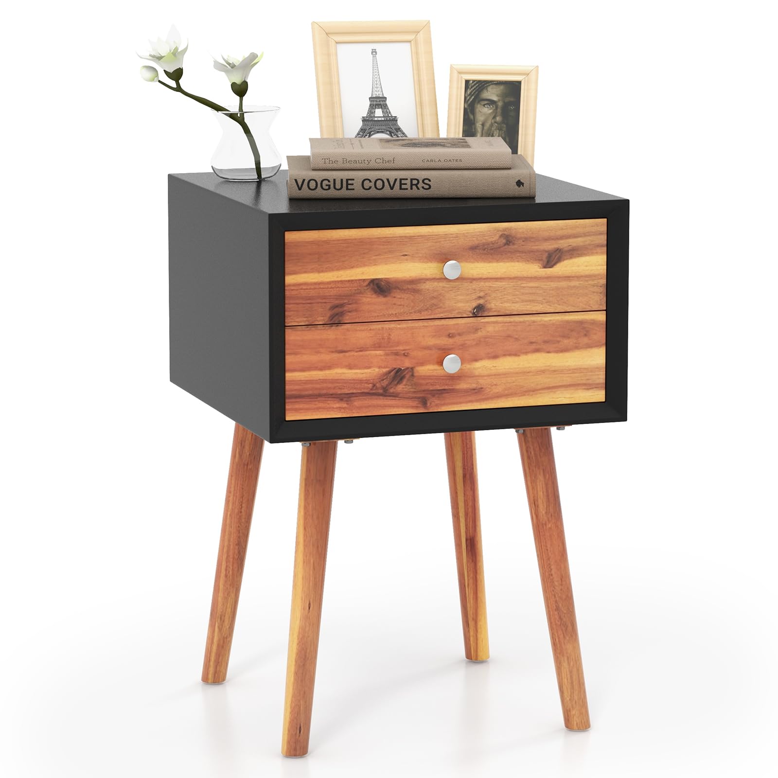 KOMFOTT 2-Drawer Nightstand, Mid-Century Modern Bed Side Table with Storage