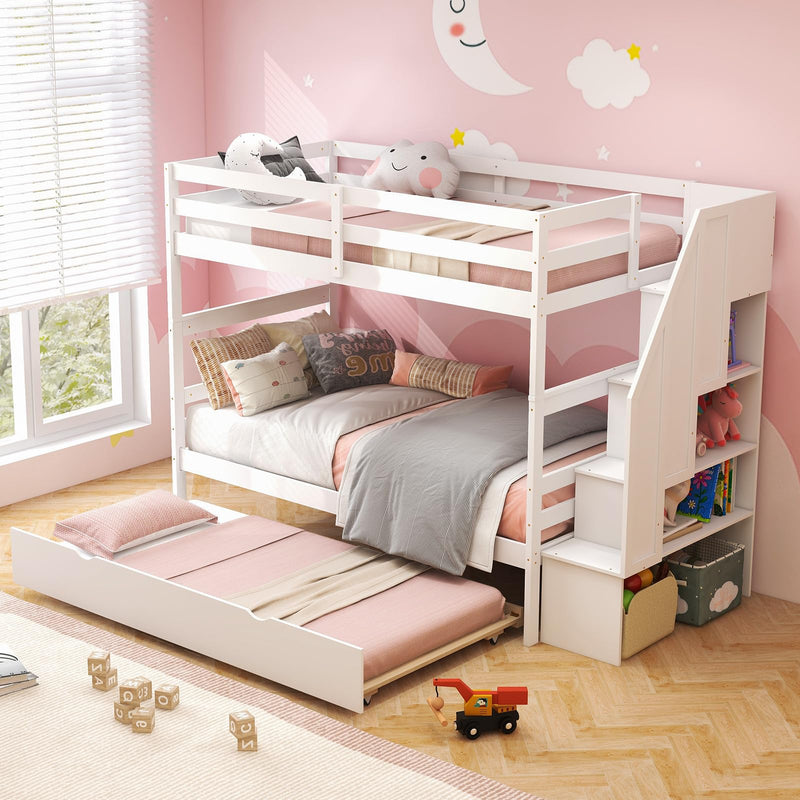 KOMFOTT Wood Twin Over Twin Bunk Bed with Trundle & Storage Stairs, Convertible to 2 Separated Beds