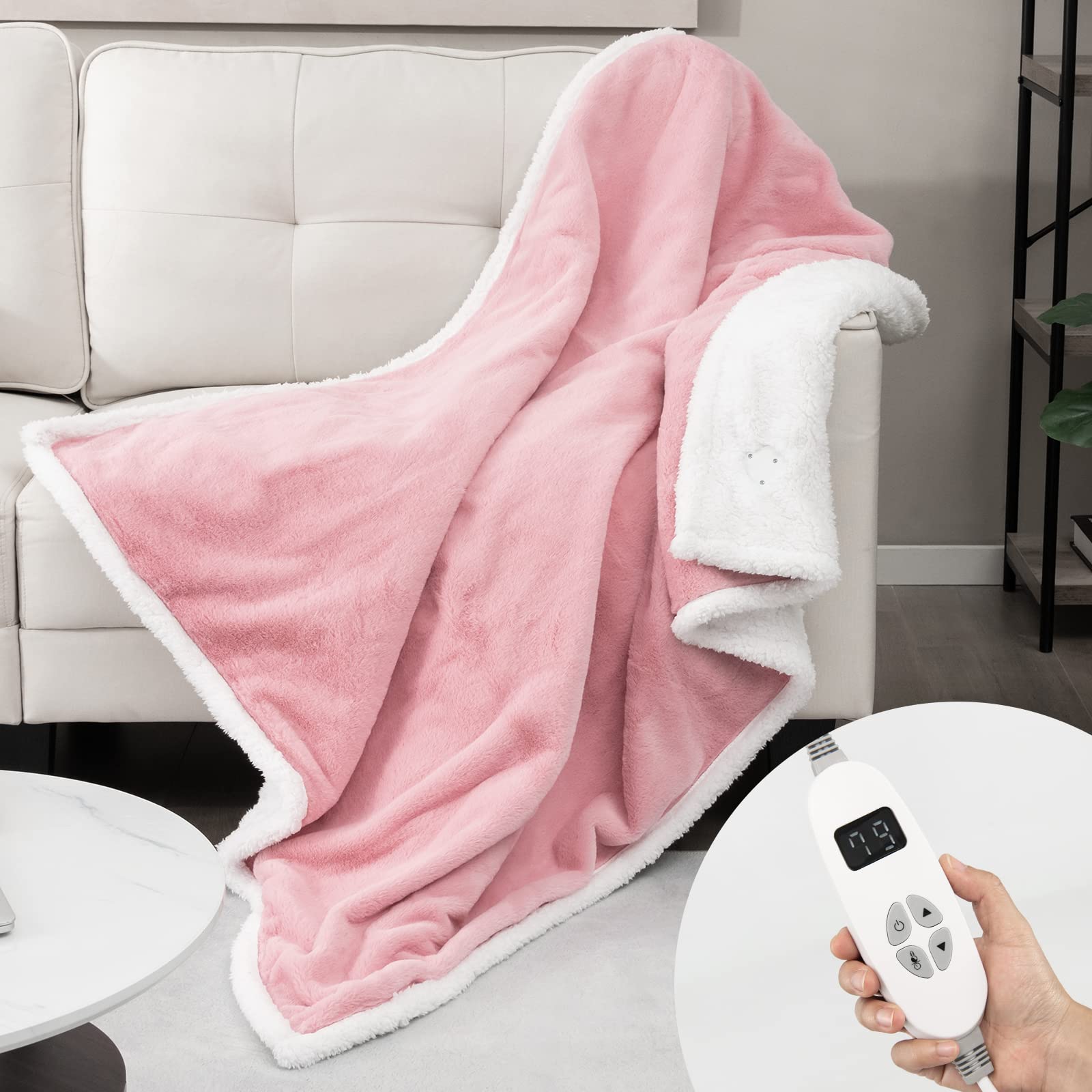 KOMFOTT Heated Throw Blanket, Reversible Sherpa & Faux Rabbit Fur Heating Blanket w/ 10 Heat Levels, 9H Timer Auto Off, Machine Washable Blanket Warmer