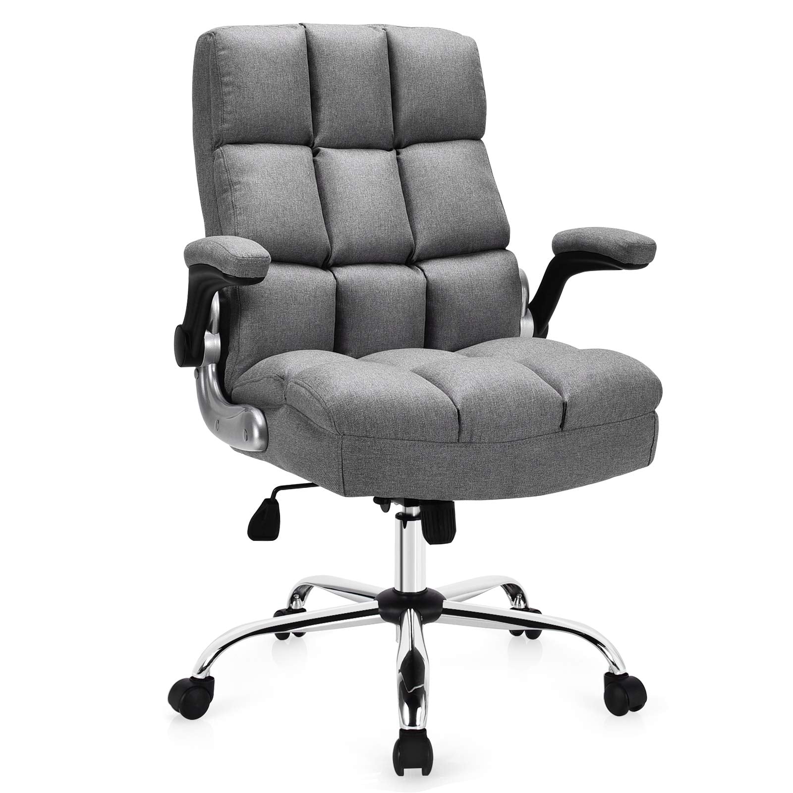 KOMFOTT Executive Office Chair, Adjustable Tilt Angle and Flip-up Armrest Linen Fabric Upholstered Chair with Thick Padding