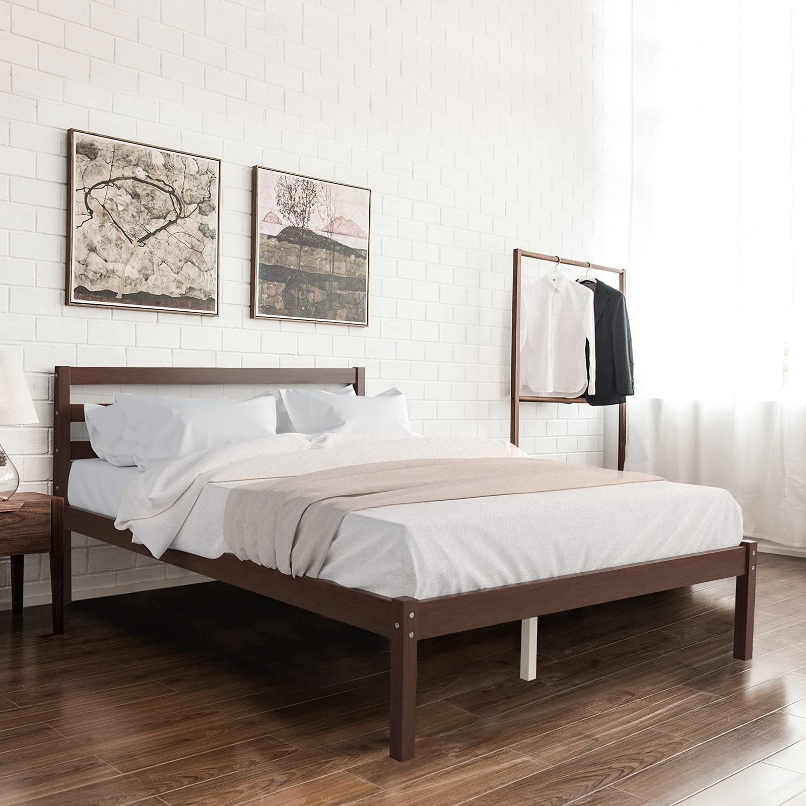 KOMFOTT Wood Platform Bed Frame, Paneled Headboard, Wood Slat Support