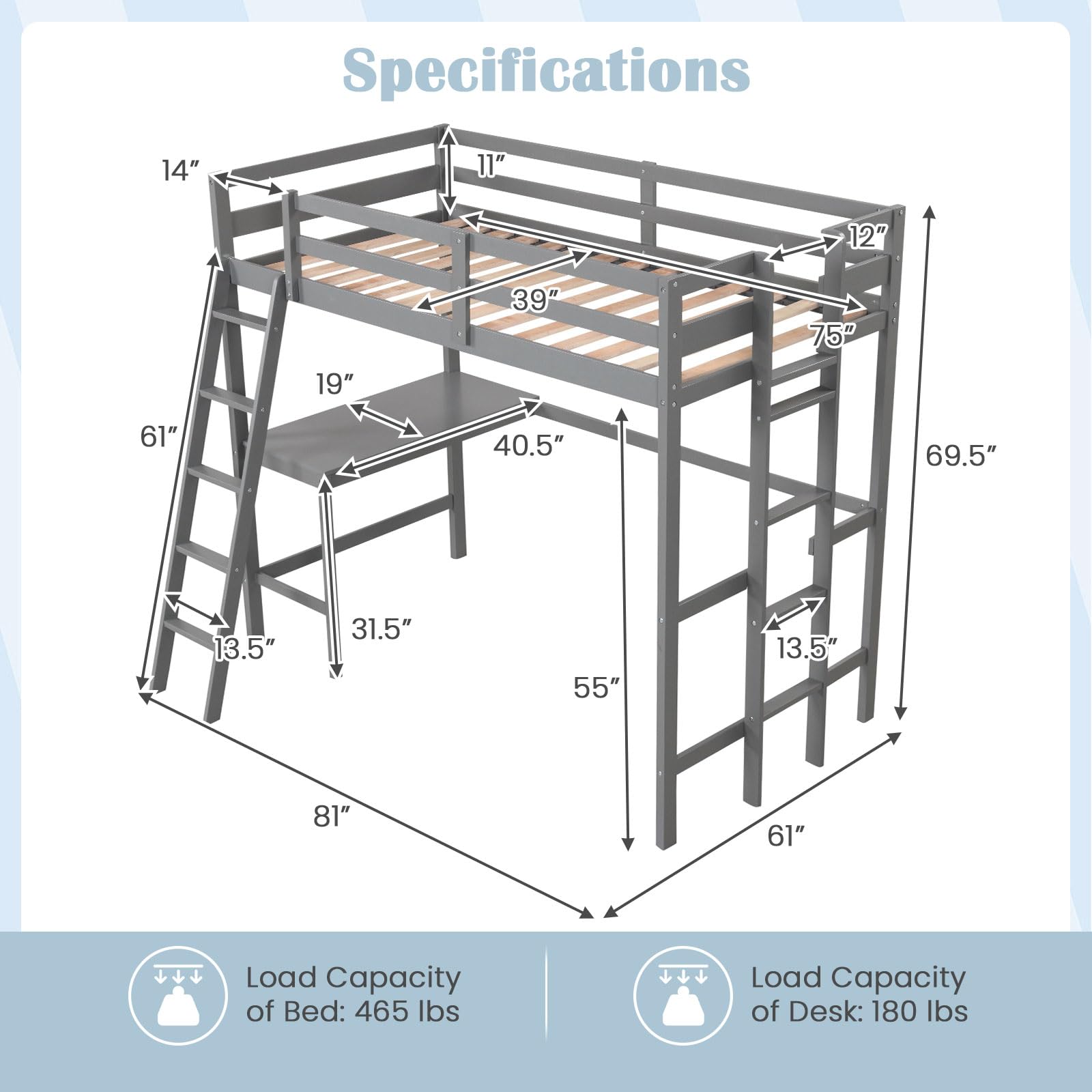 KOMFOTT Twin Size Wood Loft Bed with Desk, 2 Ladders, Full Length Guardrail for Kids Teens Adults