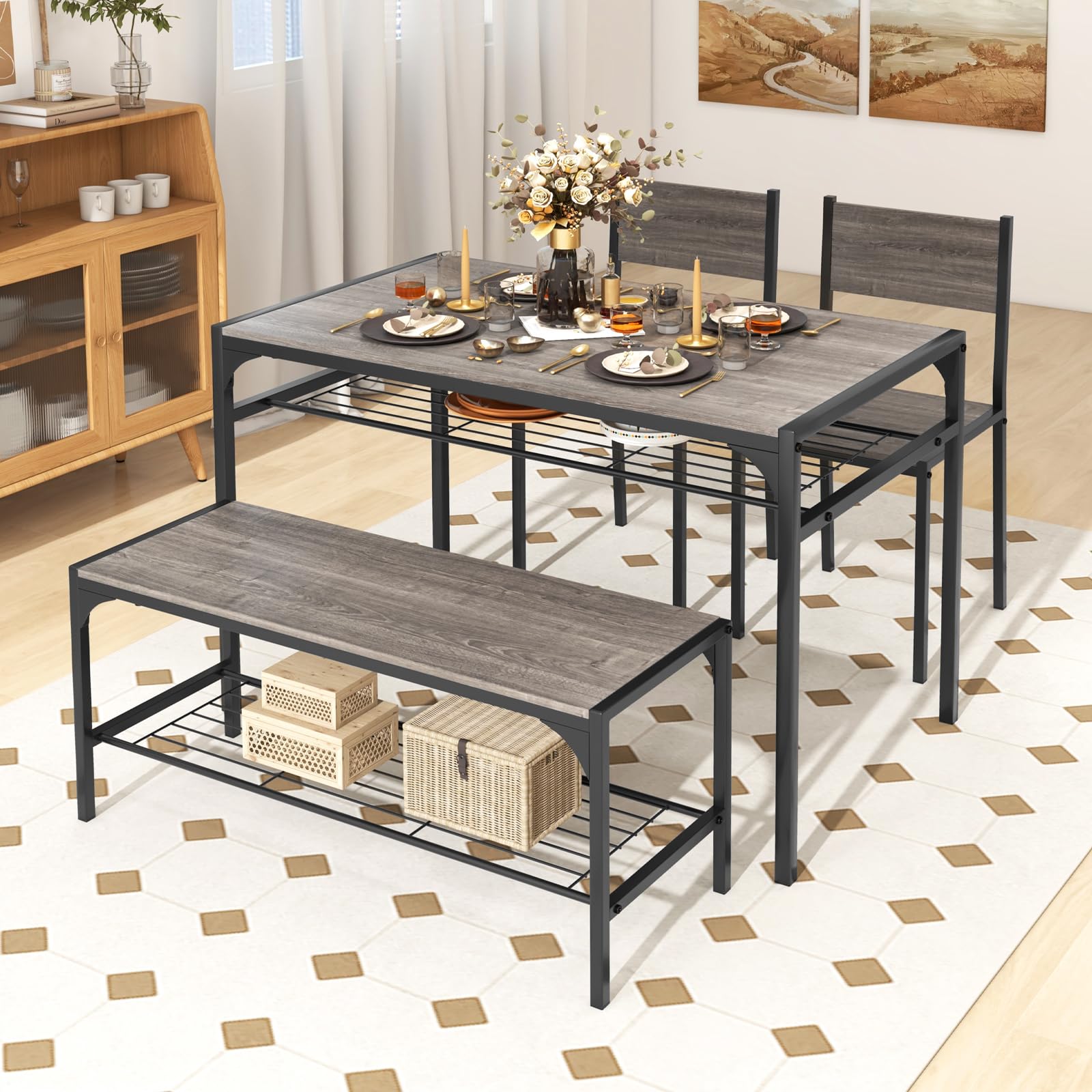 KOMFOTT 4 Pieces Dining Table Set, Kitchen Table and 2 Chairs for 4 with Bench, Storage Racks