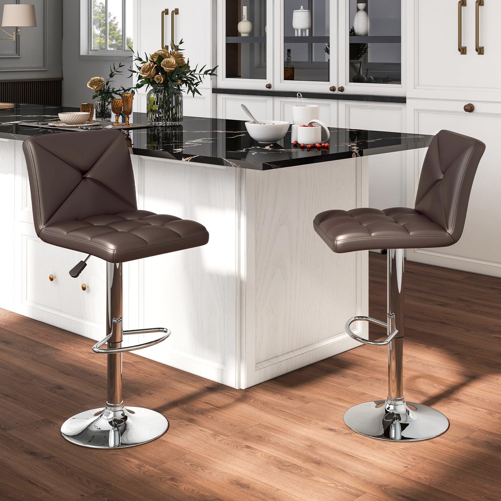 KOMFOTT Bar Stools Set of 2/4, Modern PU Leather Swivel Counter Height Bar Stools with Back, Heavy-Duty Metal Base & Footrest