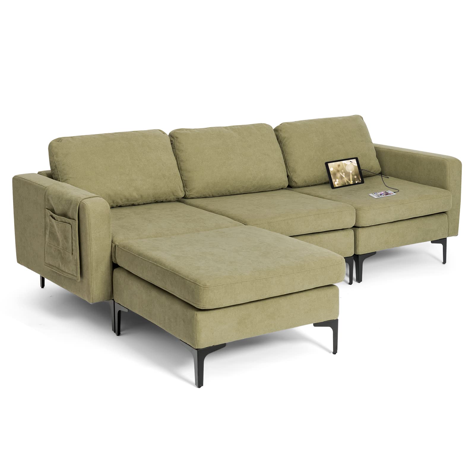 KOMFOTT Convertible Sectional Sofa Couch, 3-Seat L Shaped Couch with Reversible Ottoman, Built-in Socket & USB Ports