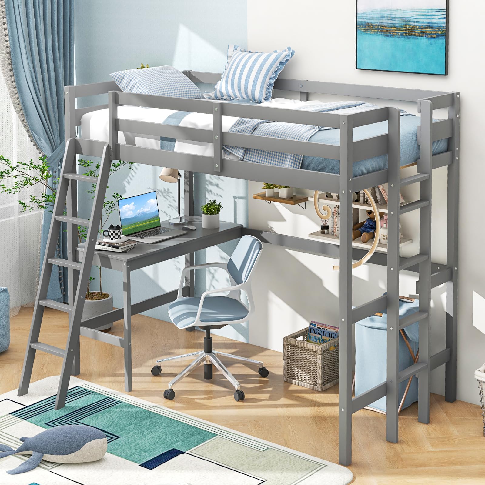 KOMFOTT Twin Size Wood Loft Bed with Desk, 2 Ladders, Full Length Guardrail for Kids Teens Adults