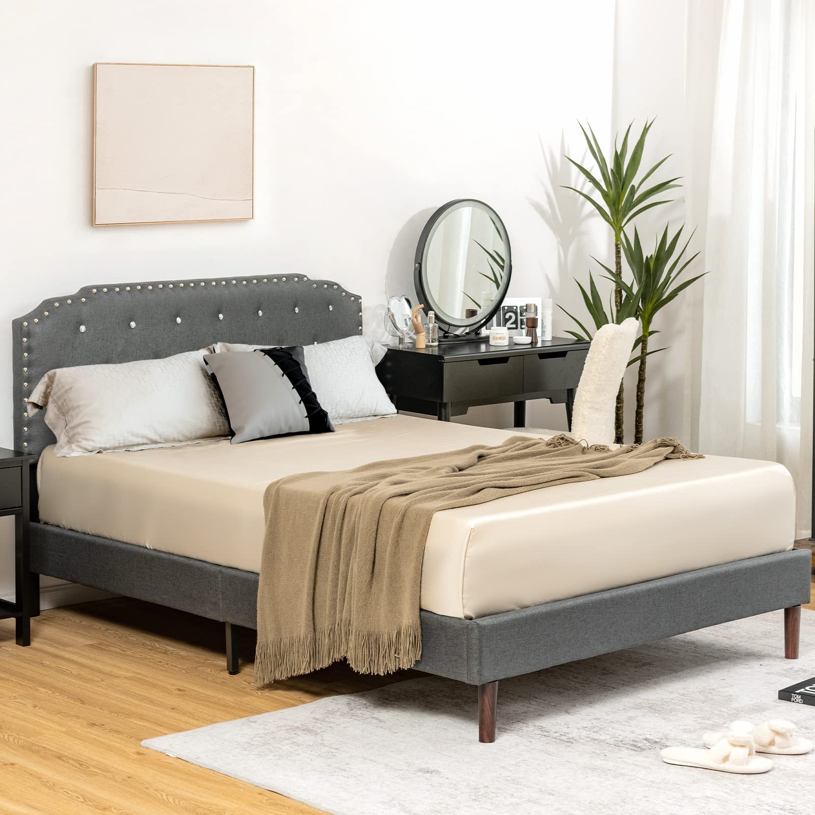 KOMFOTT Upholstered Bed Frame with Adjustable Diamond Button Headboard