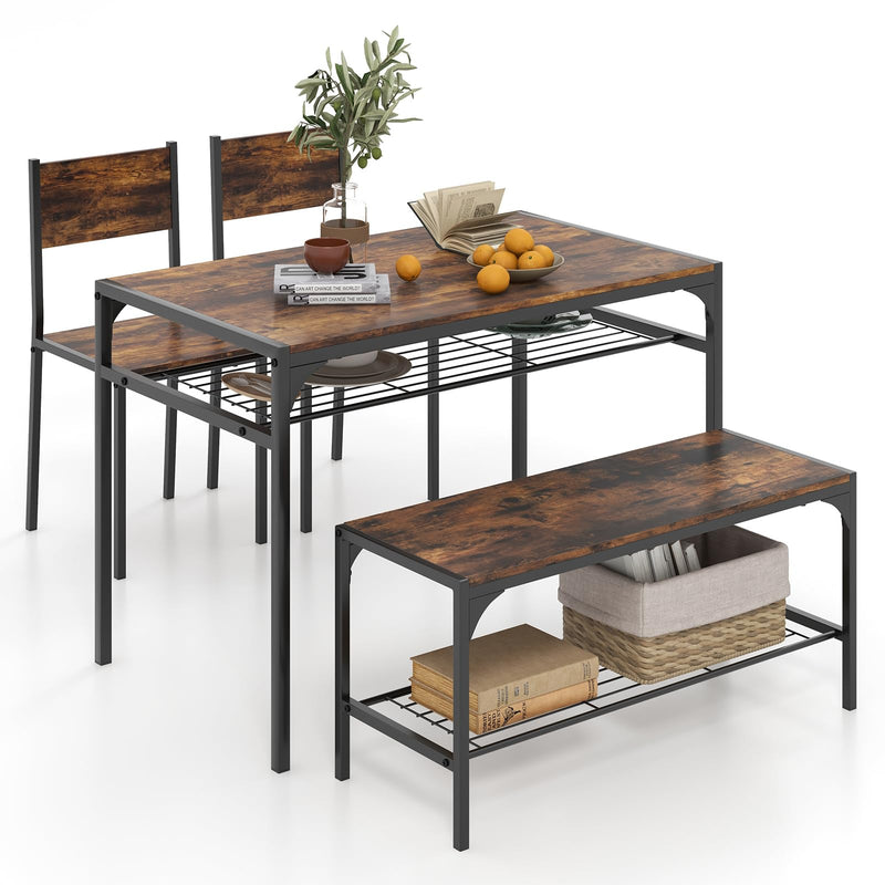 KOMFOTT Dining Table Set for 4, Industrial Rectangular Table w/ 2 Chairs, 1 Bench, Storage Racks, Sturdy Metal Frame