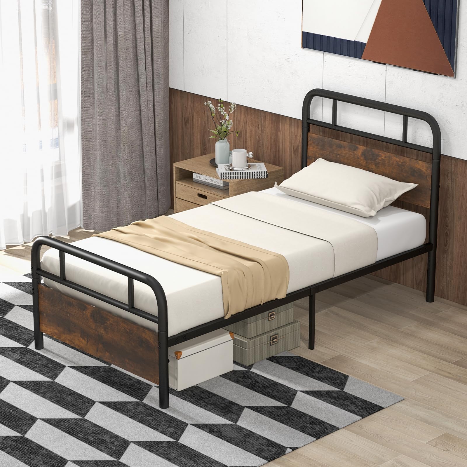 KOMFOTT Twin Size Metal Bed Frame, Industrial Platform Bed with Wood Headboard and Footboard, Rustic Brown