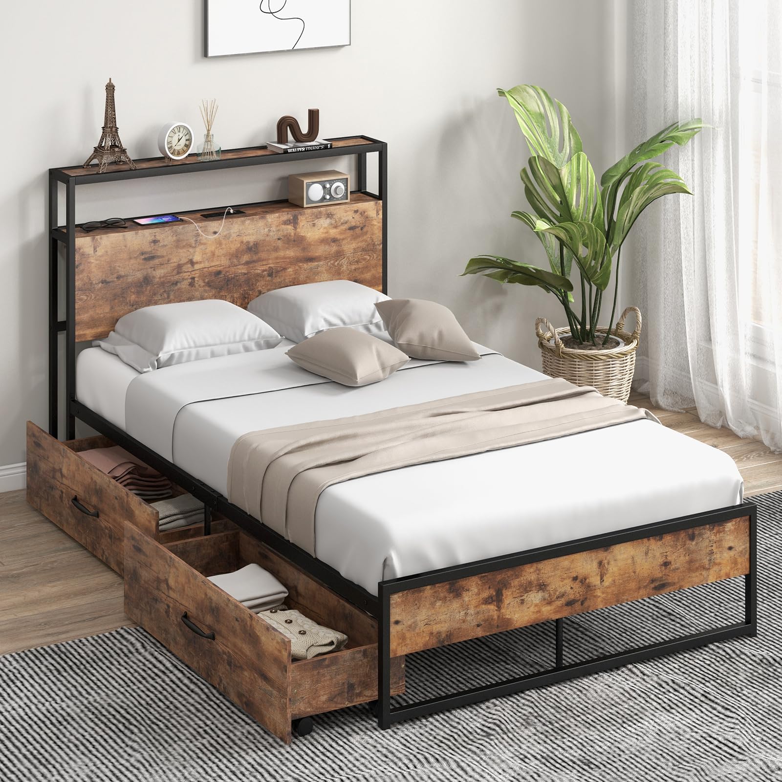 Full Bed Frame w/ Charging Station & 2 Storage Drawers - KOMFOTT