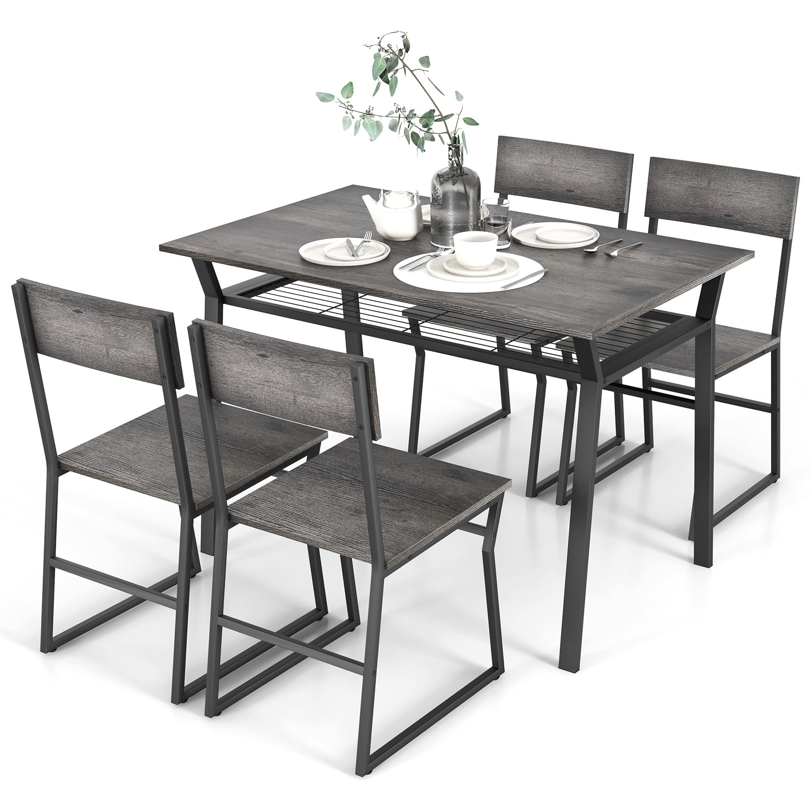 KOMFOTT Dining Table Set for 4, 47”L x 28”W Rectangular Kitchen Table w/ 4 Trapezoid Chairs, Reinforced Metal Frame & Storage Rack