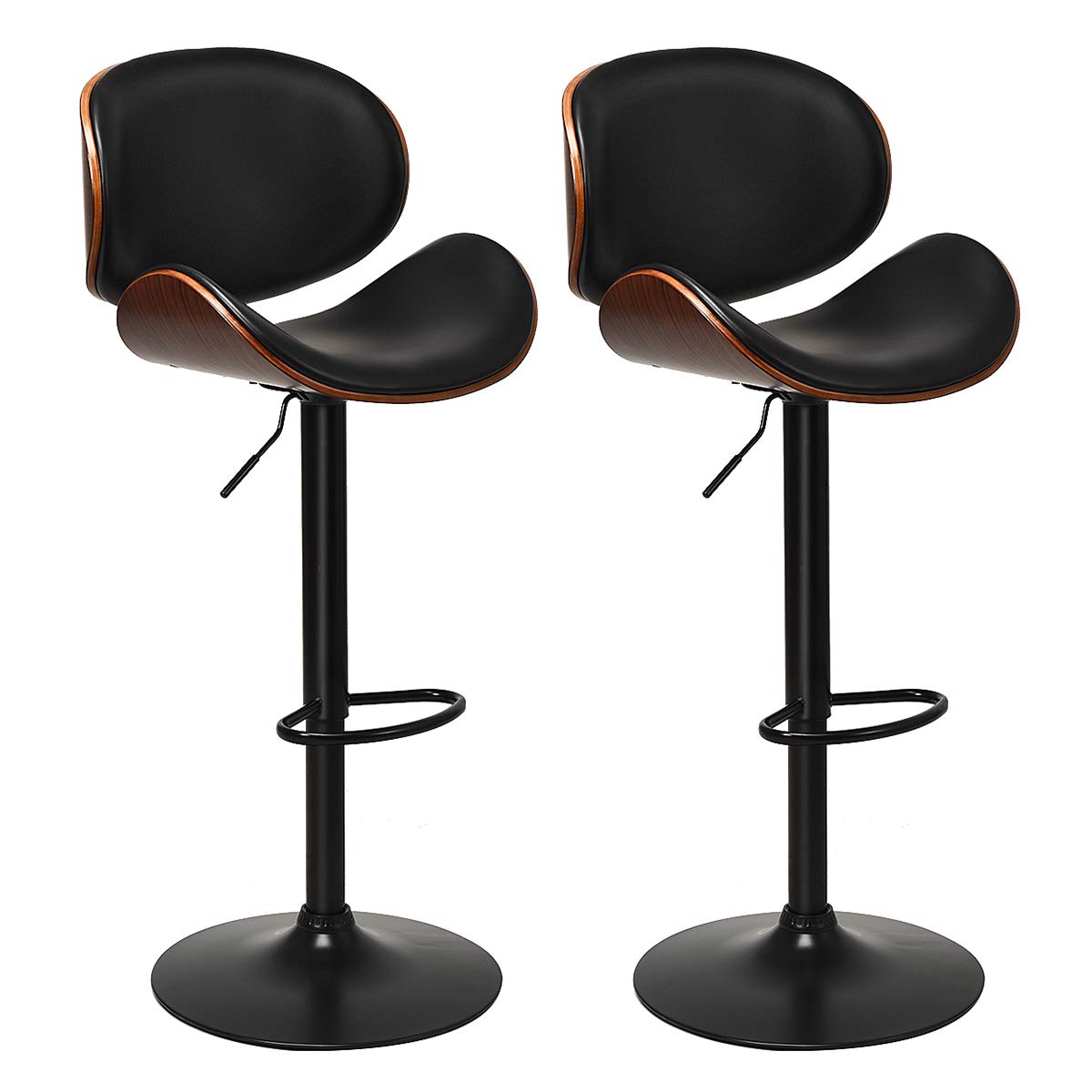 KOMFOTT Bar Stools Set of 2/4, Adjustable Swivel Bentwood Barstools with Back, Large Iron Base, 360 Degree PU Leather Seat and Curved Footrest