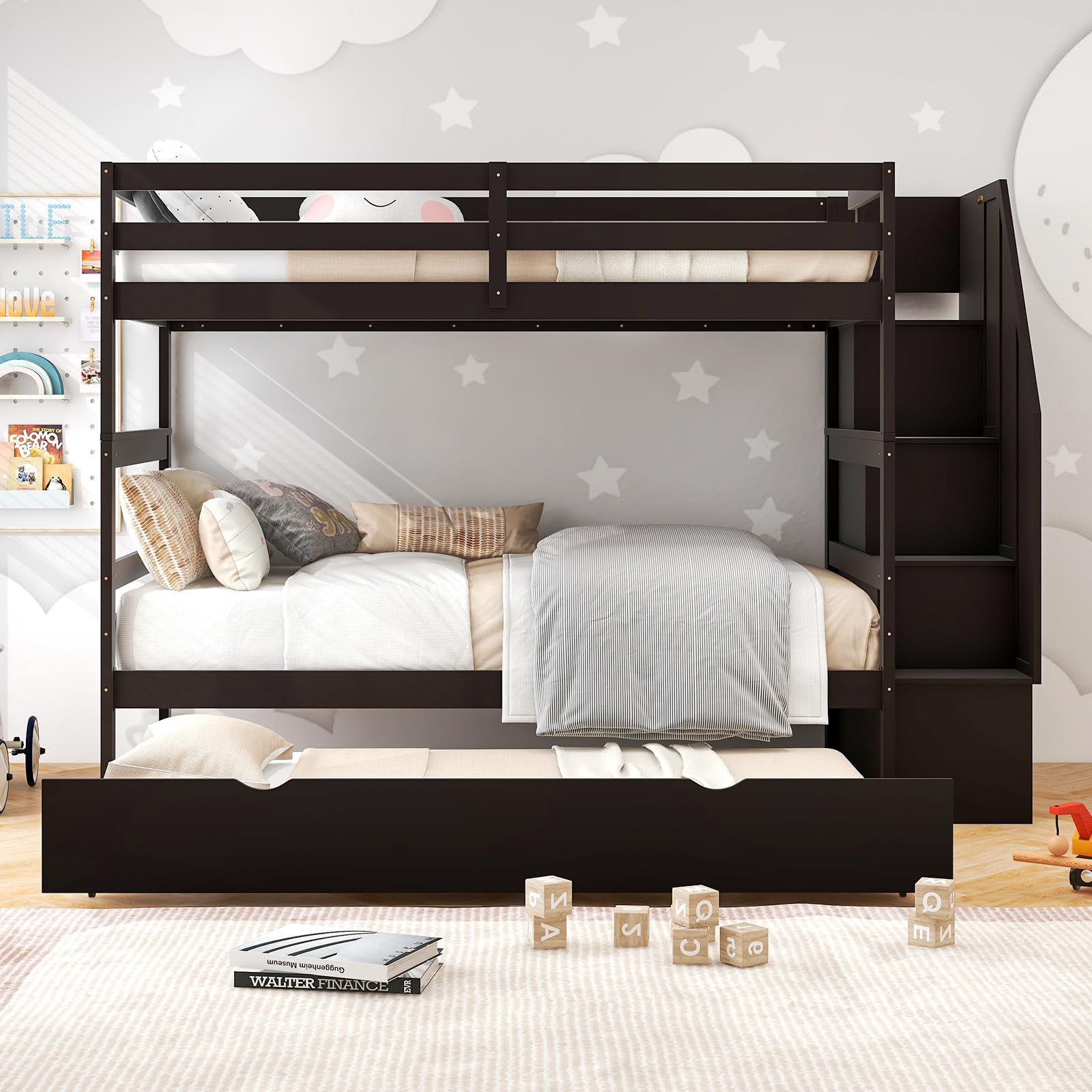 KOMFOTT Wood Twin Over Twin Bunk Bed with Trundle & Storage Stairs, Convertible to 2 Separated Beds