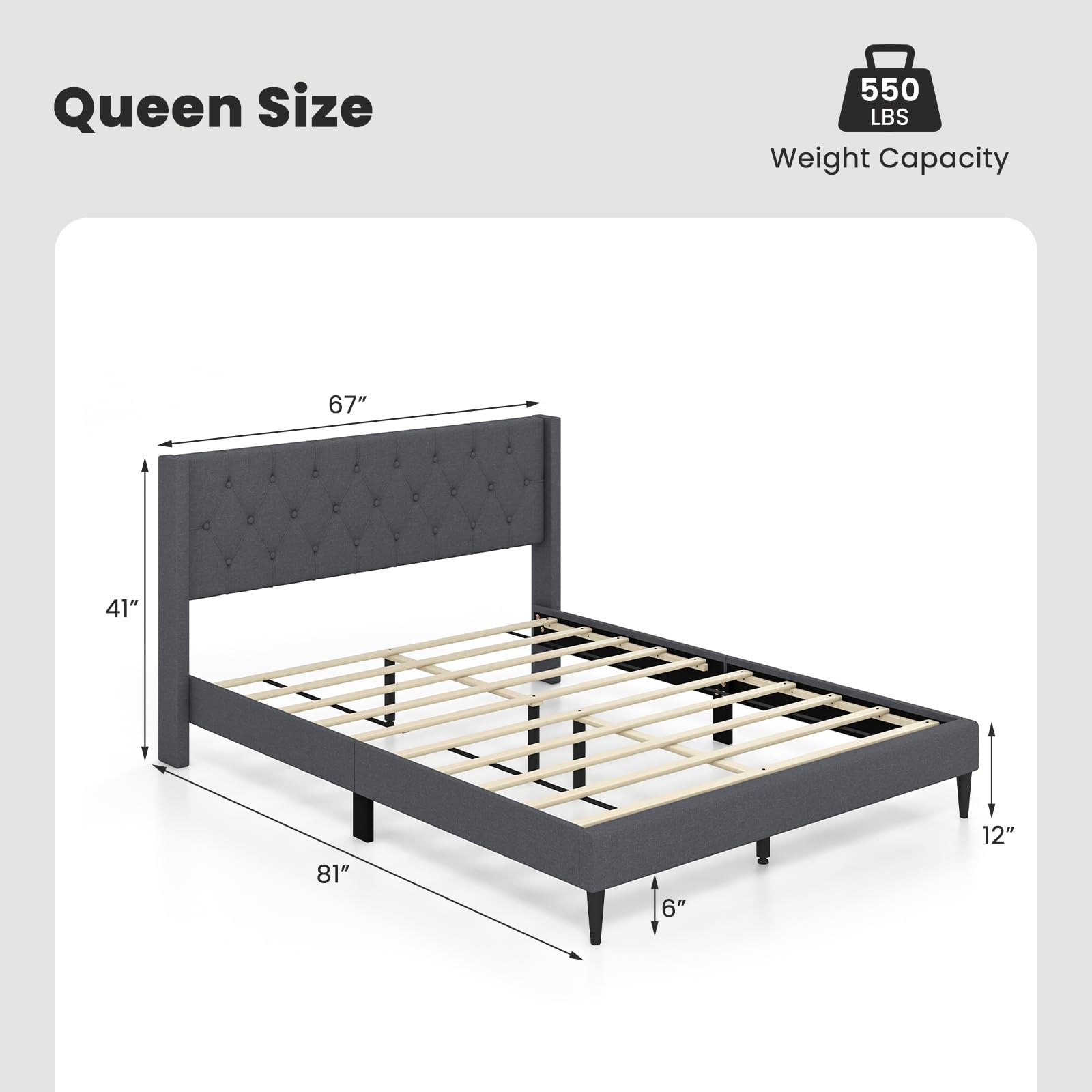 KOMFOTT Twin/Queen Size Upholstered Platform Bed with Button Tufted Wingback Headboard