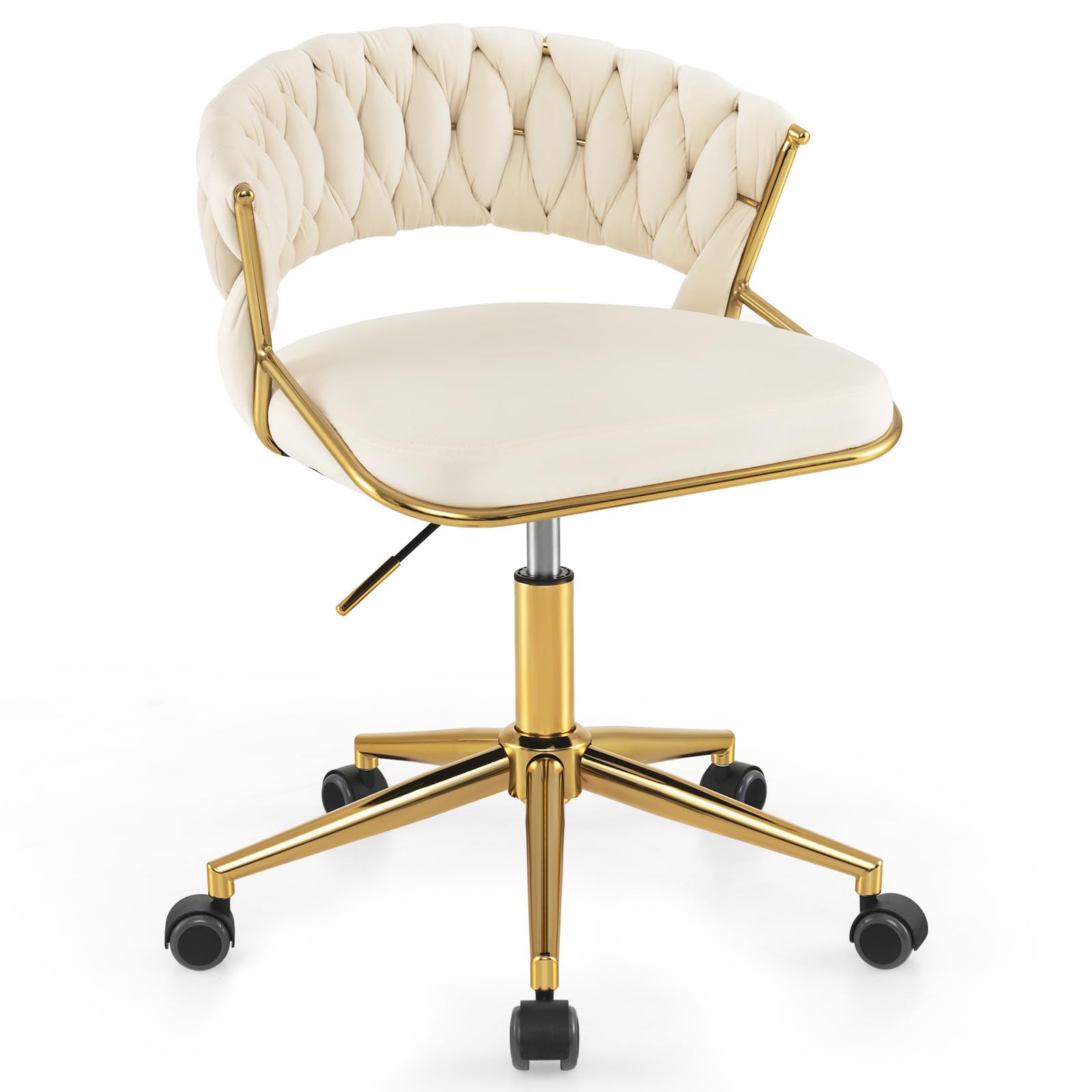 KOMFOTT Velvet Office Desk Chair, Upholstered Makeup Vanity Chair w/Woven Back & Gold Base