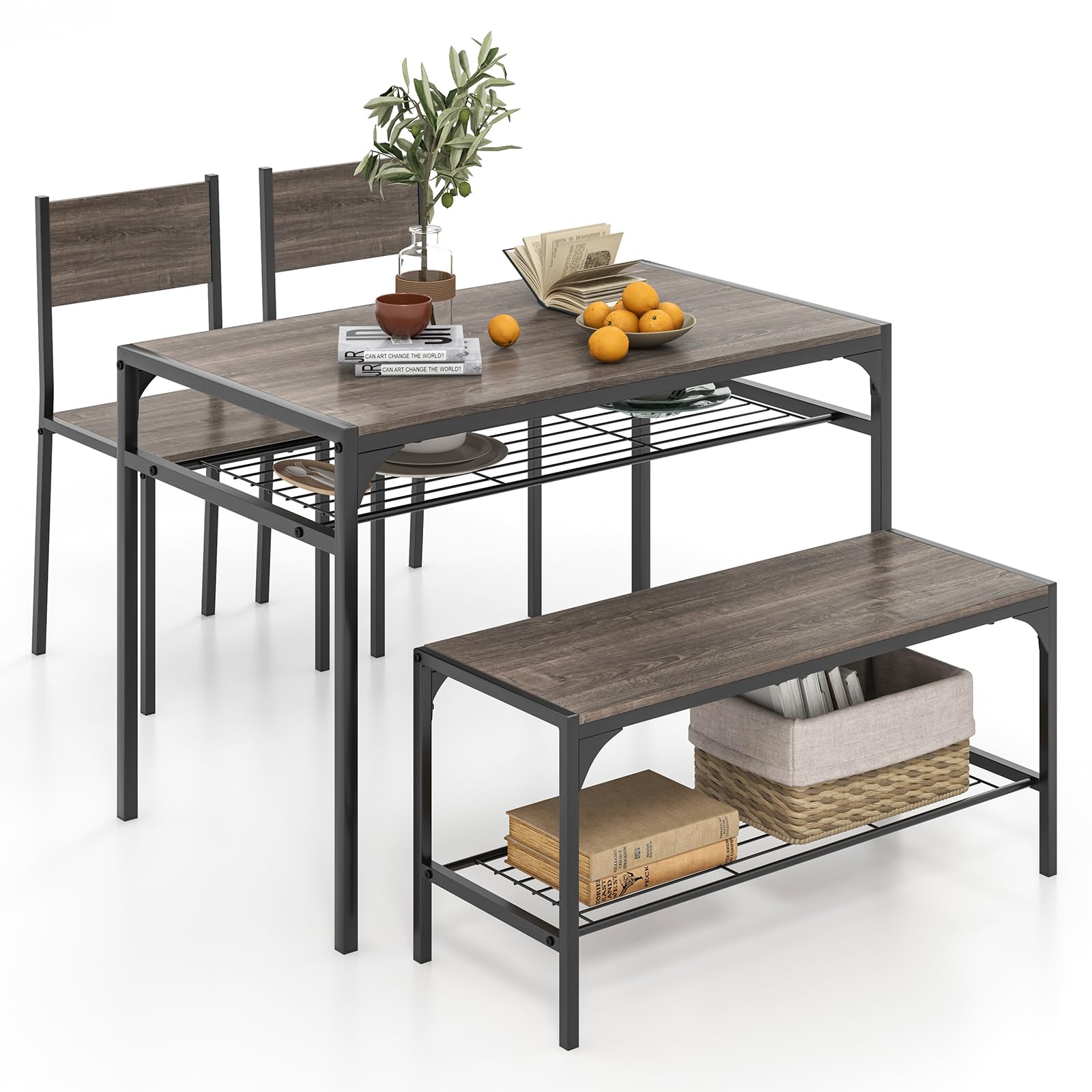 KOMFOTT Dining Table Set for 4, Industrial Rectangular Table w/ 2 Chairs, 1 Bench, Storage Racks, Sturdy Metal Frame