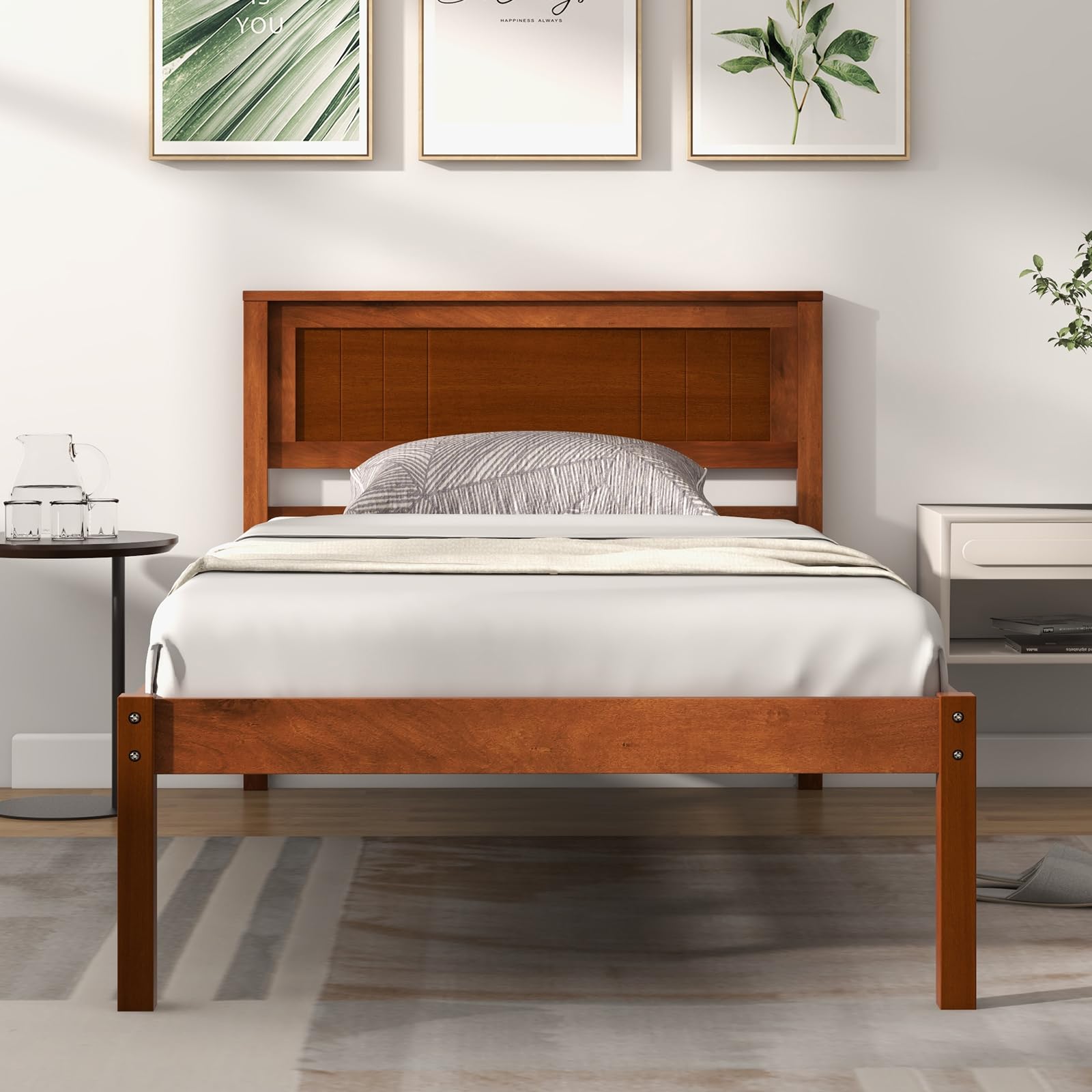 KOMFOTT Wooden Platform Bed Frame with Headboard & Wood Slat Support