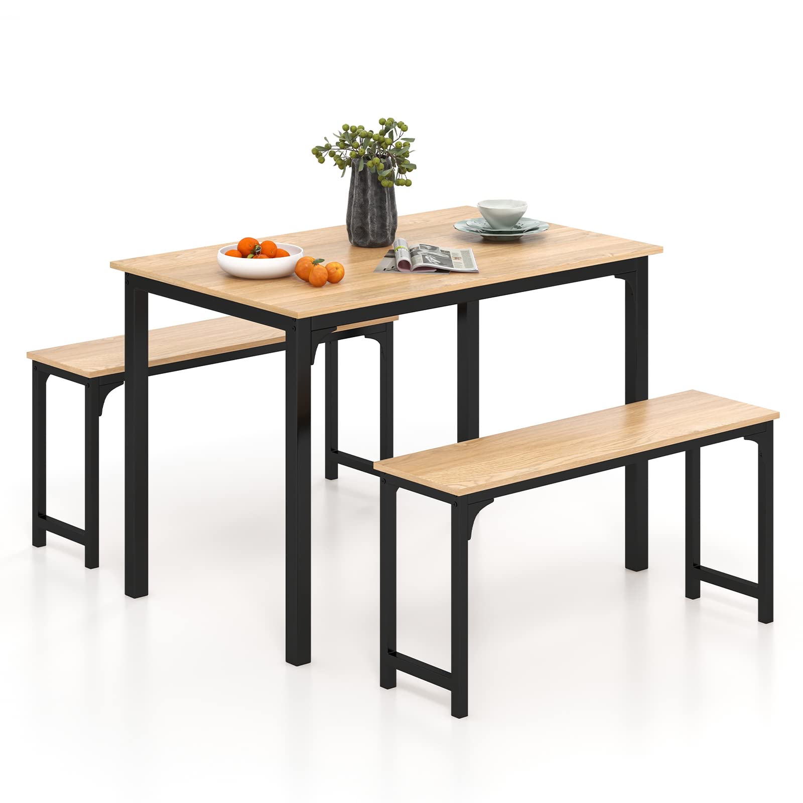 KOMFOTT Dining Table Set with 2 Benches, Industrial Kitchen Table & Chairs with Metal Frame