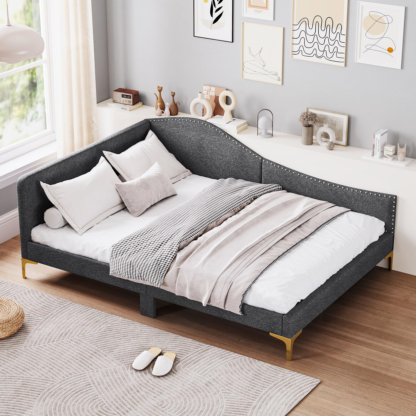 KOMFOTT Rivet-Tufted Platform Bed Frame with Headboard, Metal Legs & Wood Slats, L-Shaped Corner Sofa Bed