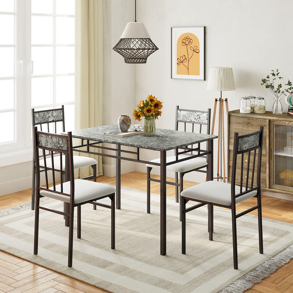 KOMFOTT 5 Piece Dining Table Set, Modern Rectangular Dining Table & Upholstered Chair Set w/Marble Tabletop