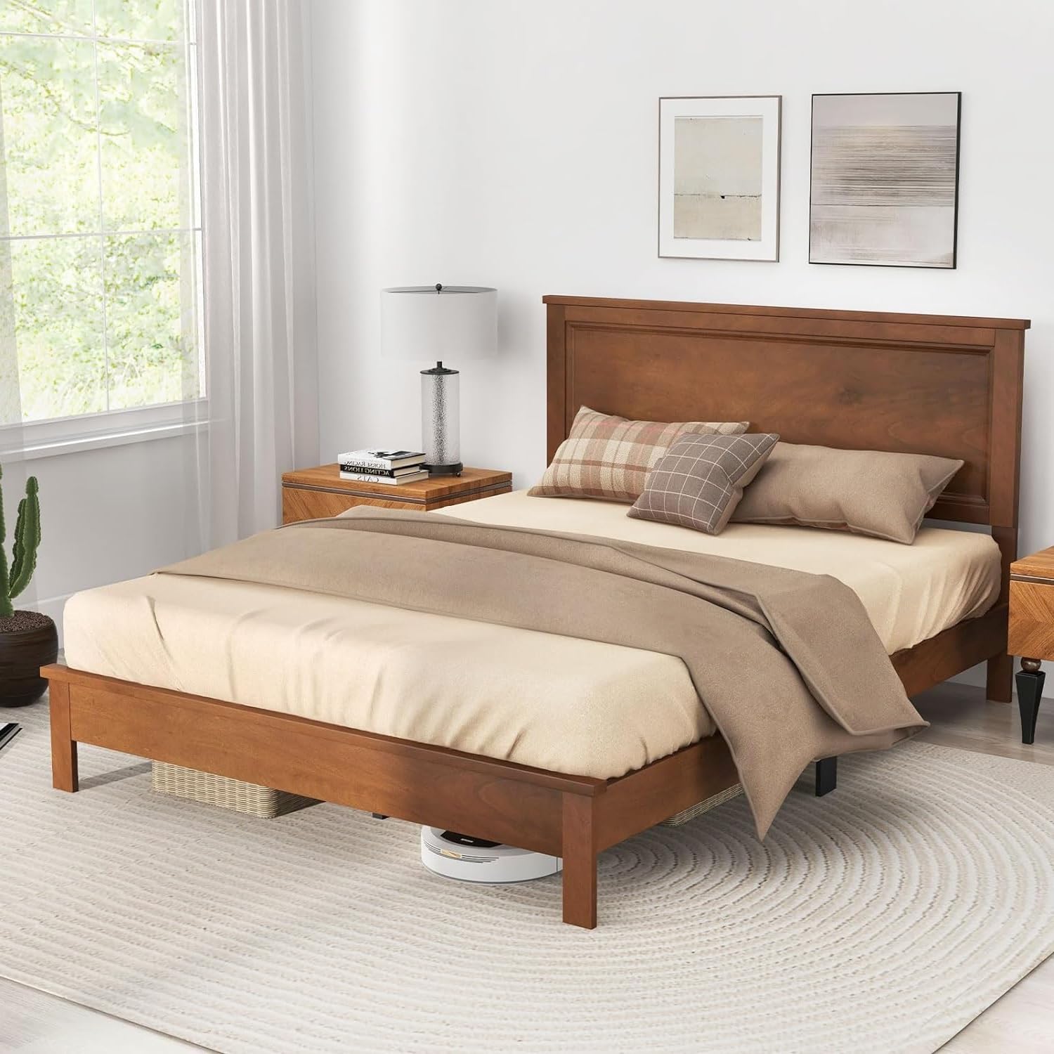 KOMFOTT Wood Platform Bed Frame with Headboard, Wooden Slat Support & Under Bed Storage