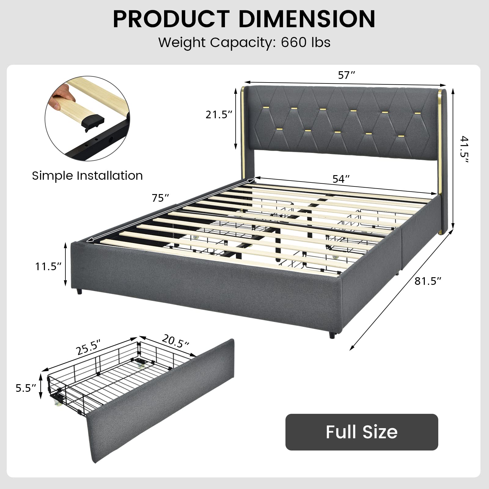 KOMFOTT Full/Queen Upholstered Bed Frame with 4 Rolling Storage Drawers, Space Saving PU Leather Bed Frame