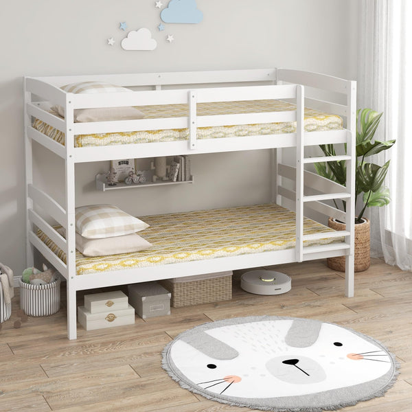 KOMFOTT Twin Over Twin Bunk Bed, Wood Bunk Bed with Full-Length Guardrail & Integrated Ladder