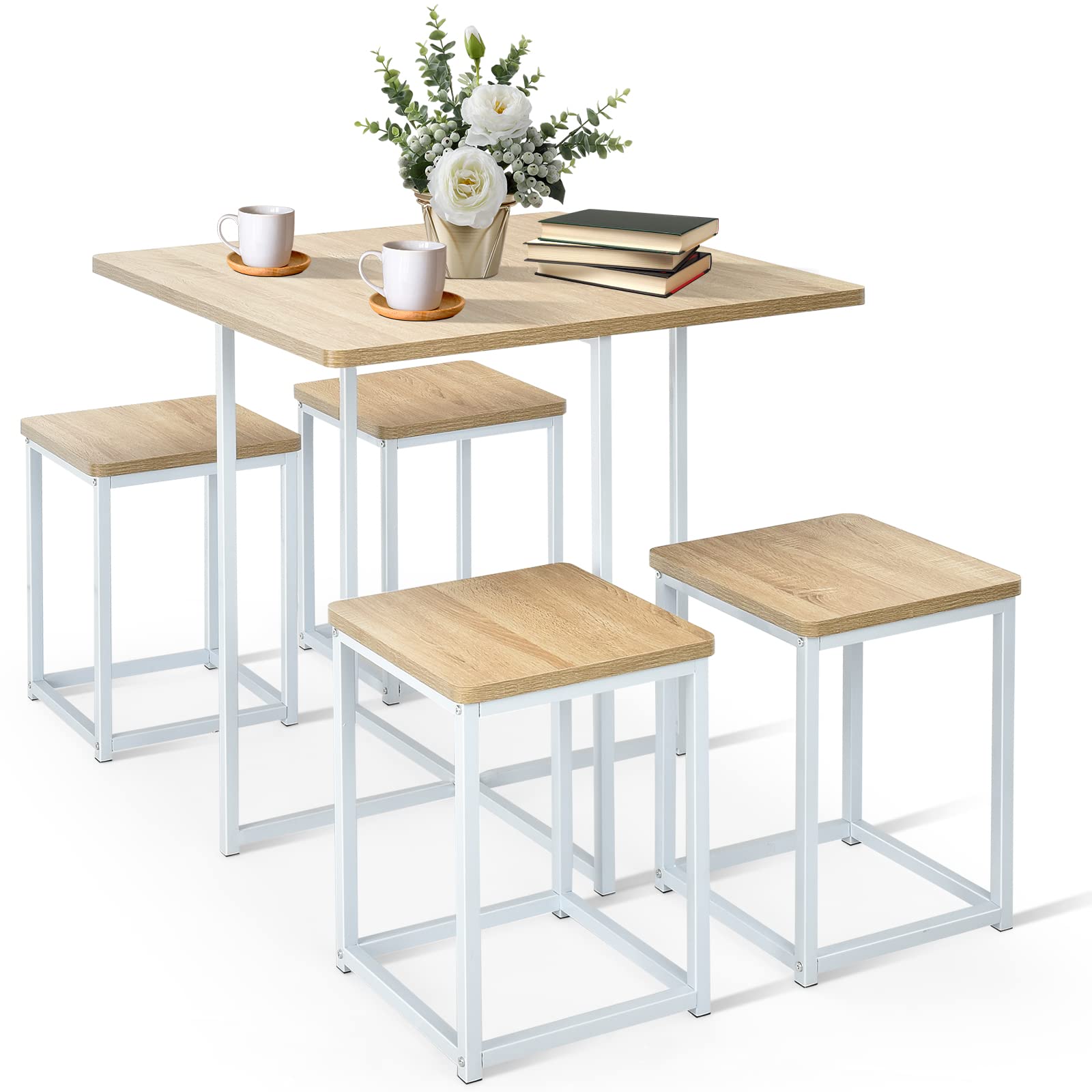 KOMFOTT 5 Piece Dining Table Set, Counter Kitchen Table and Chair Set for 4 Includes 1 Square Table and 4 Stools