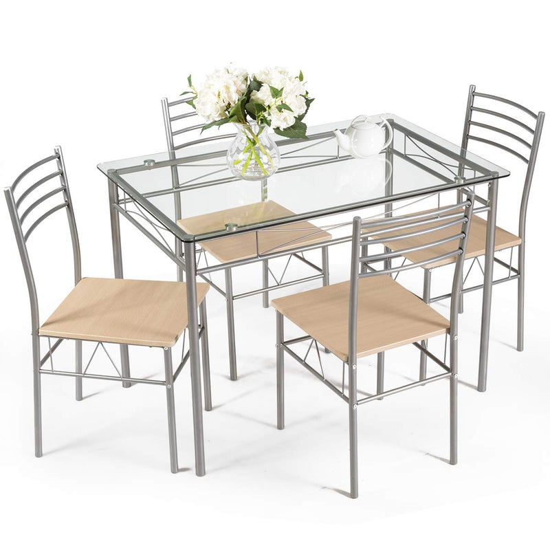 KOMFOTT 5 Piece Dining Table Set, Kitchen Dining Set with Tempered Glass Table Top and 4 Chairs
