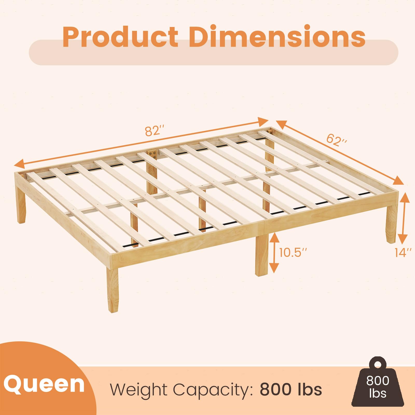 KOMFOTT Wood Platform Bed Frame, 14 Inches Wooden Mattress Foundation with Solid Rubber Wood Legs