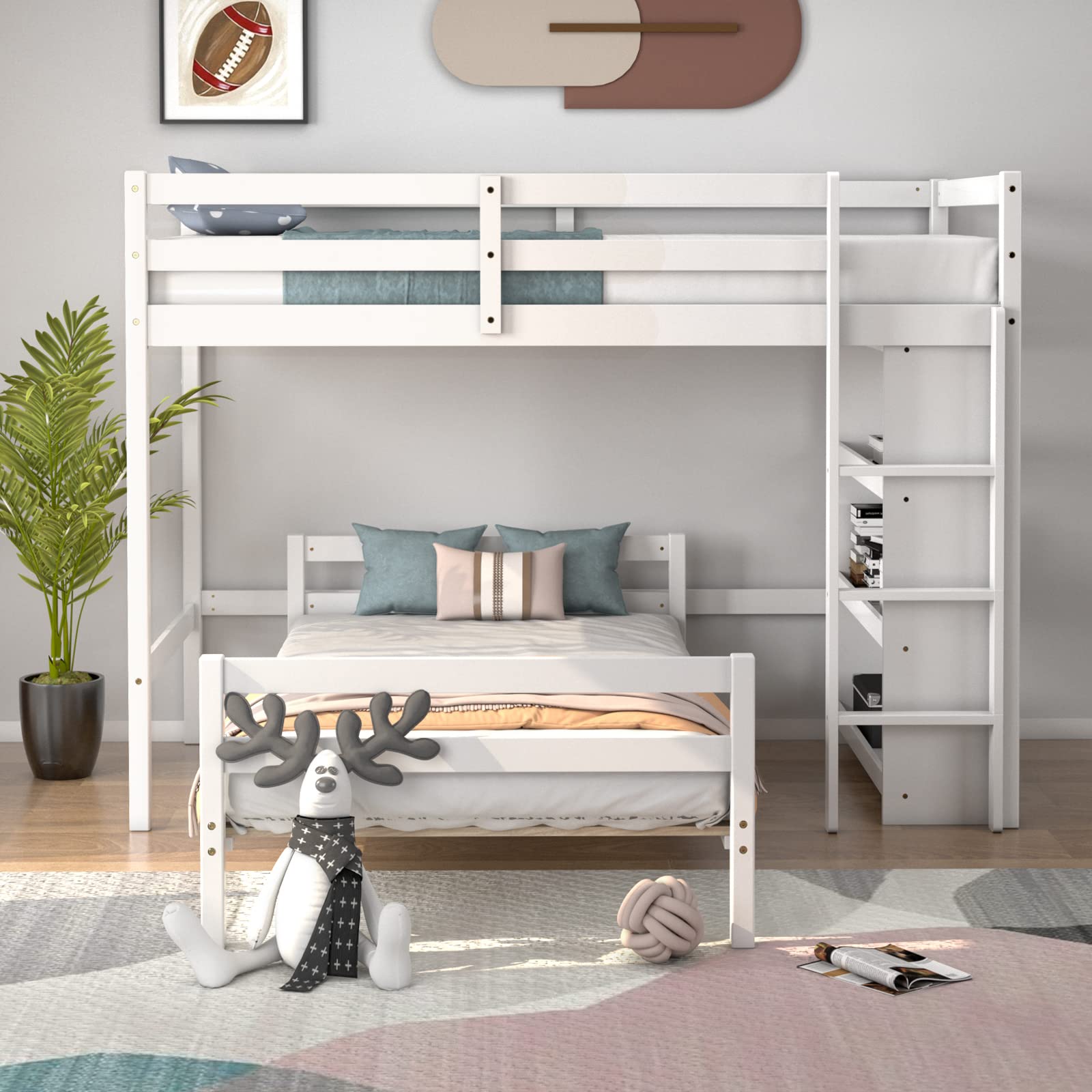 KOMFOTT Twin Over Twin Bunk Bed, Convertible Wooden Loft Bed with 3-Tier Bookcase, Can be Separated into 2 Beds