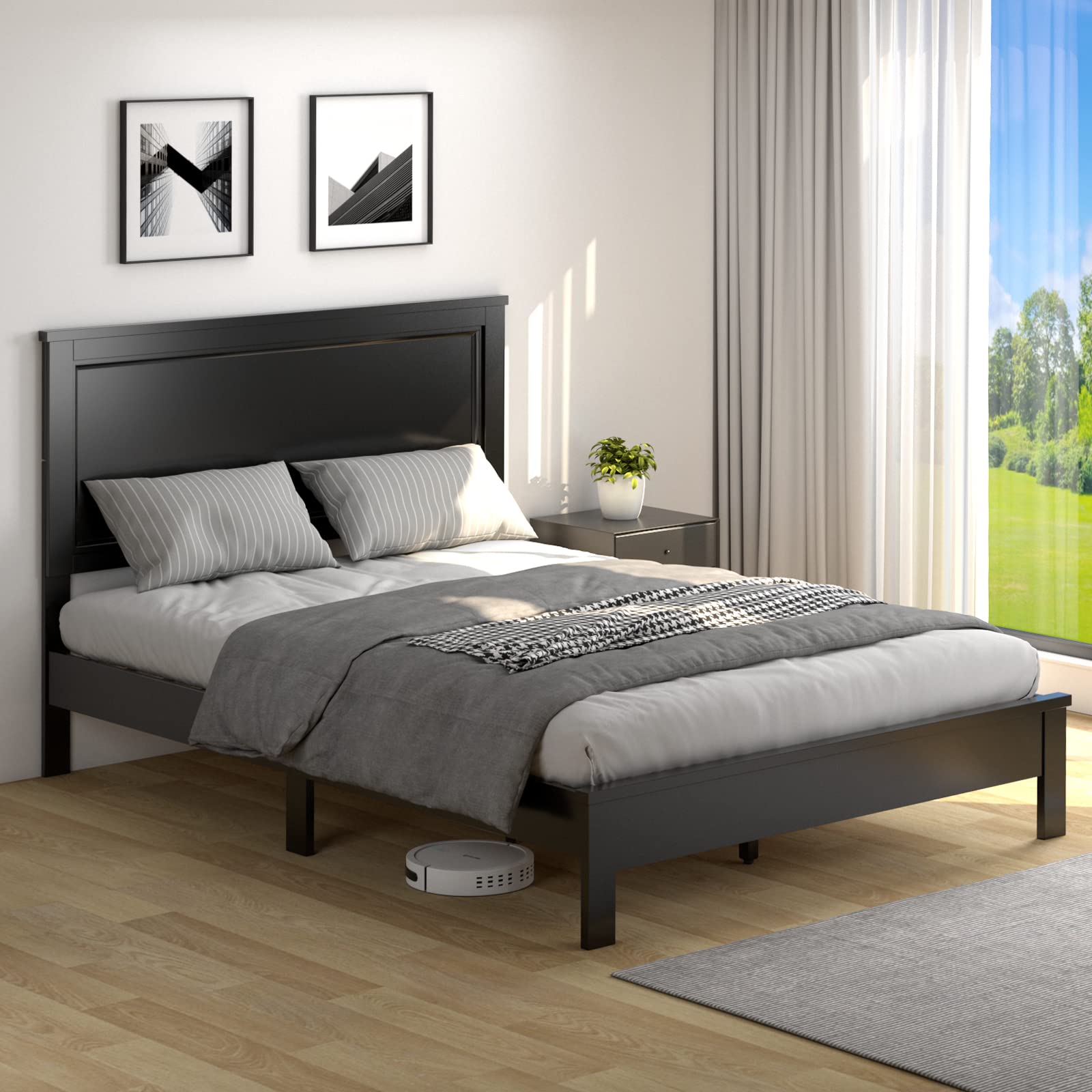 KOMFOTT Wood Platform Bed Frame with Headboard, Wooden Slat Support & Under Bed Storage