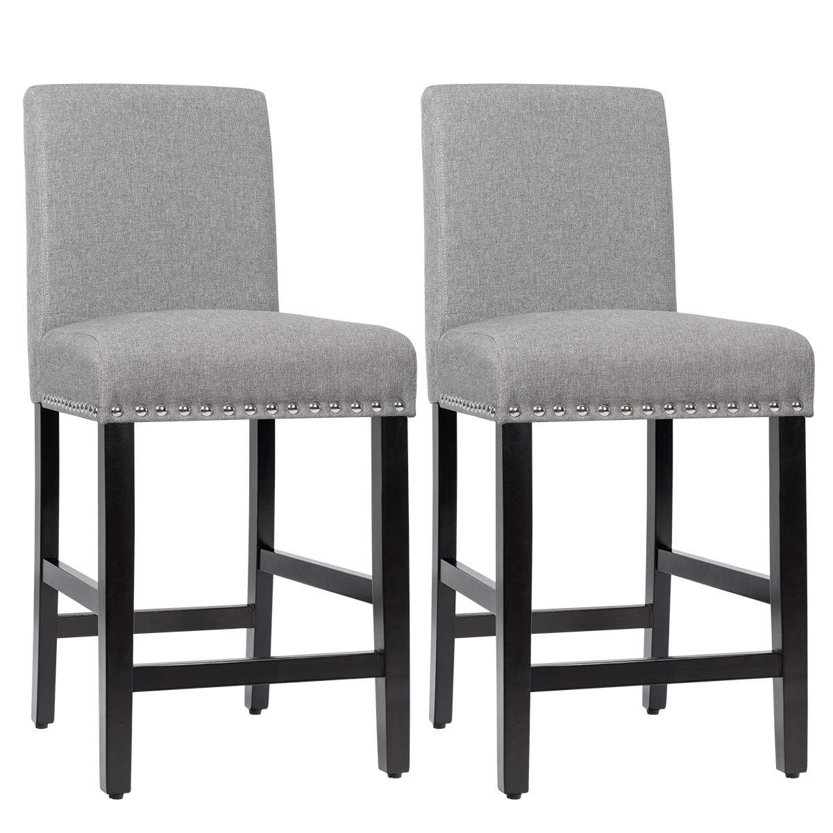 KOMFOTT Bar Stools Set of 2/4, 25'' Counter Height Upholstered Bar Chairs w/ Rubber Wood Legs, Breathable Linen Fabric, Padded Seat & Backrest