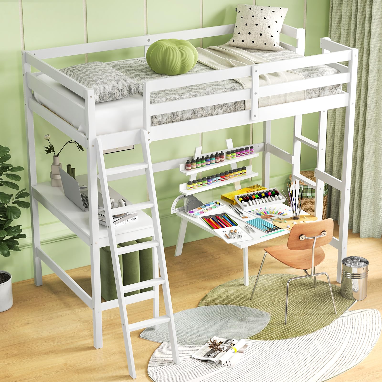 KOMFOTT Twin Size Wood Loft Bed with Desk, 2 Ladders, Full Length Guardrail for Kids Teens Adults