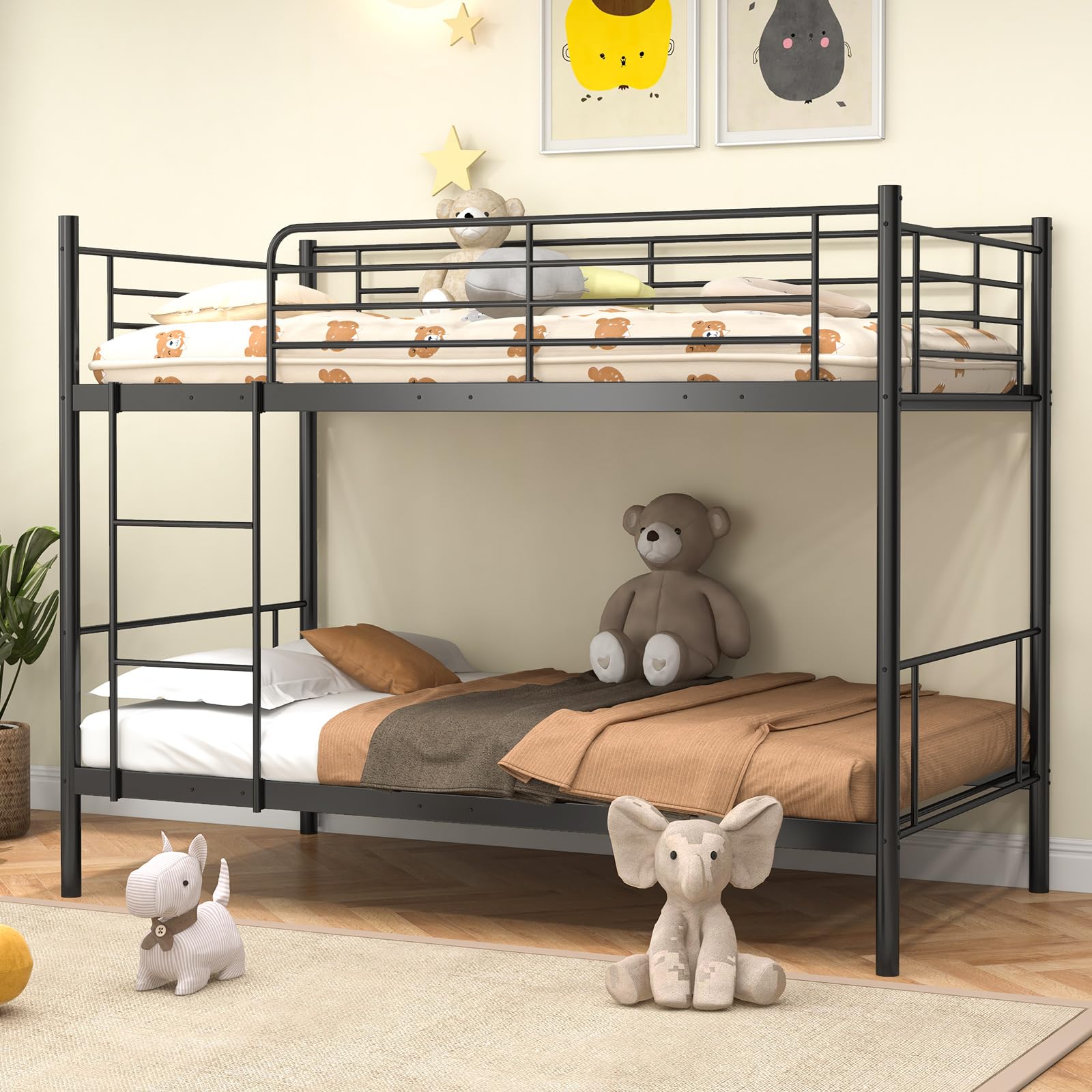 KOMFOTT Metal Twin Over Twin Bunk Bed with Ladder & Full-Length Guardrails